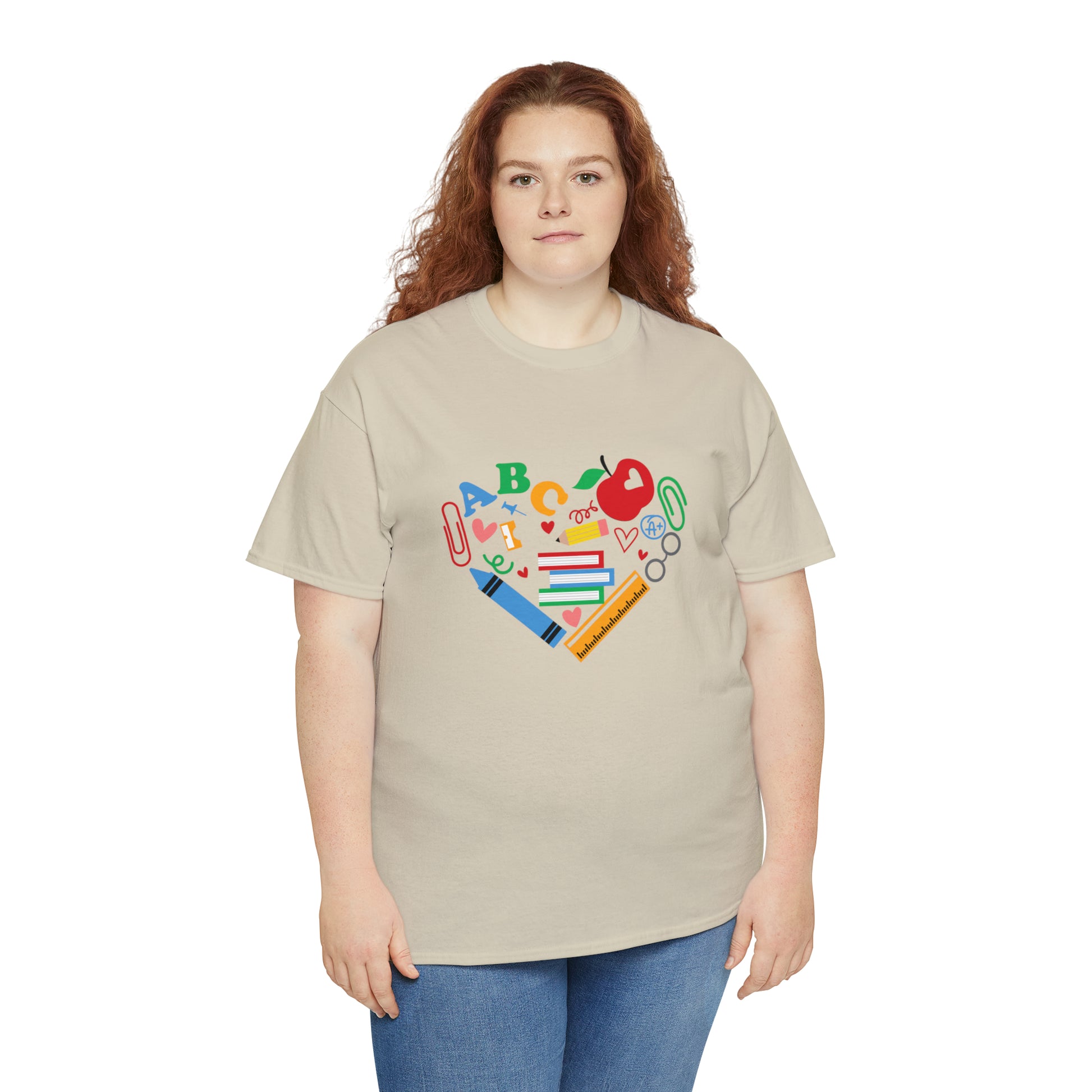Red haired woman wearing the plus-size Sand shirt