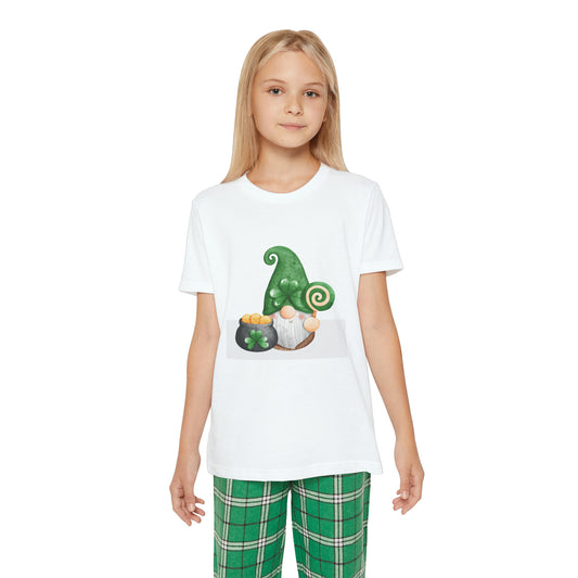A girl in a white shirt made of 100% cotton. 
Revised: A girl in a Youth Unisex Pajama-Set: Short Sleeve; Green gnome; Cotton from Printify.