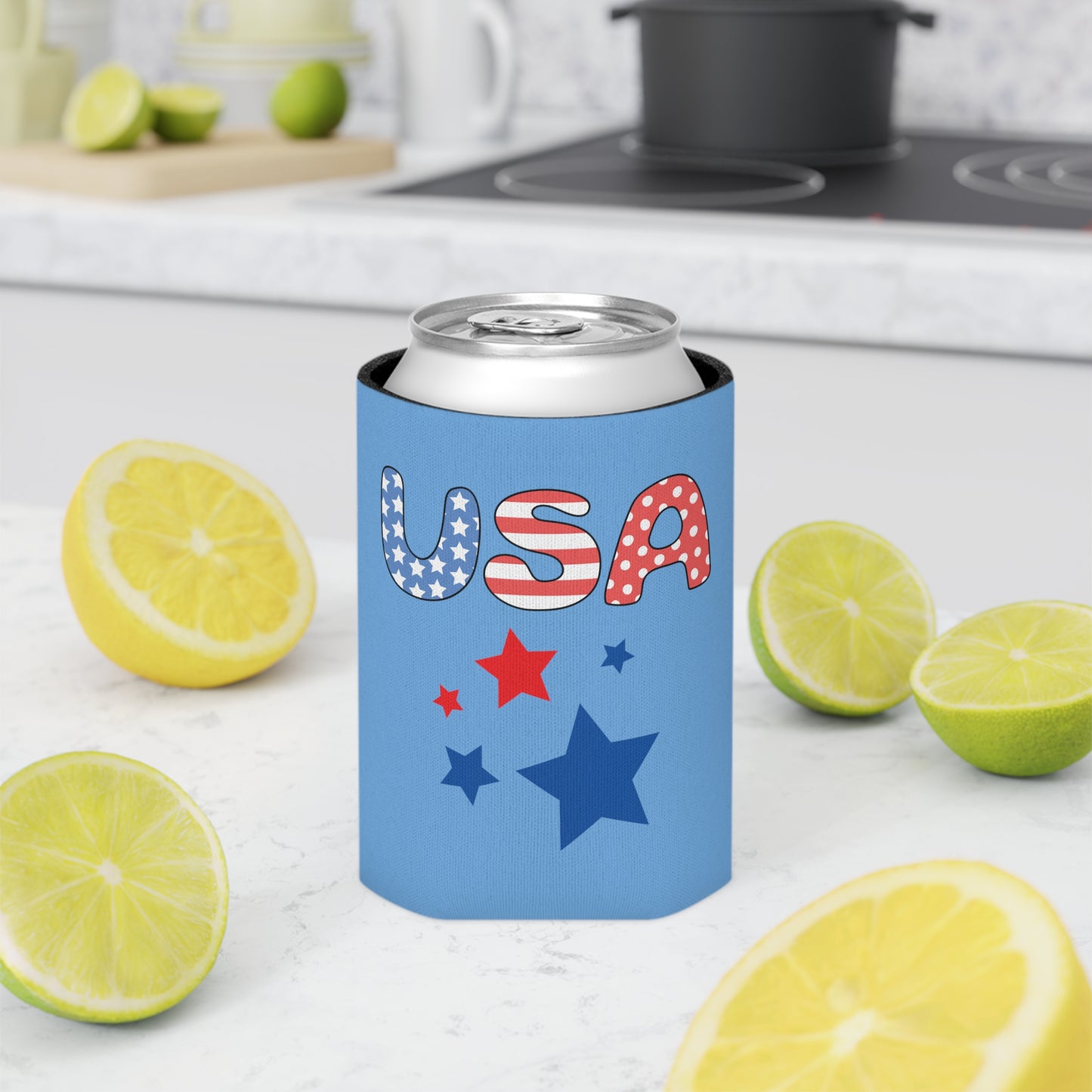 Patriotic Can Cooler: 3.5" by 4.3"; Polyester; Foam