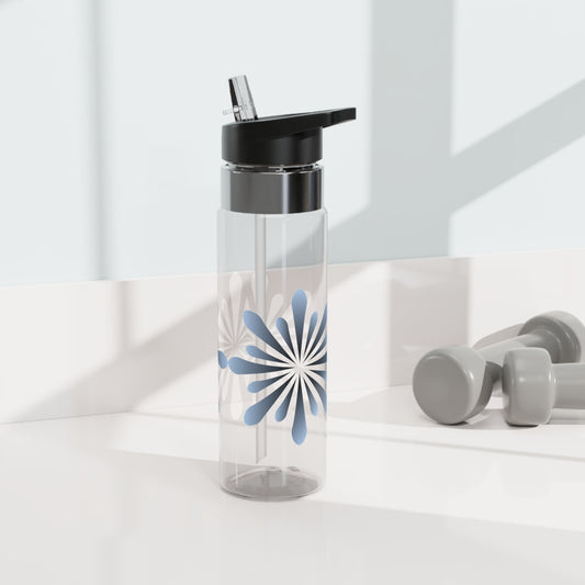A BPA-free Printify Sport Water Bottle with a straw next to dumbbells.
