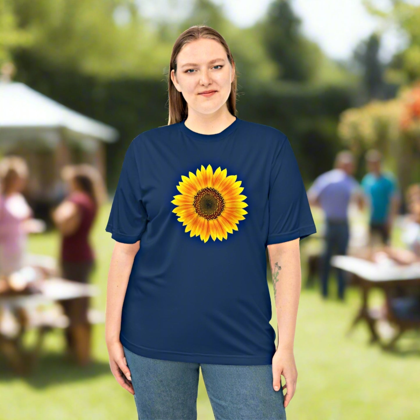 Mock up of a woman wearing the Sport Navy shirt