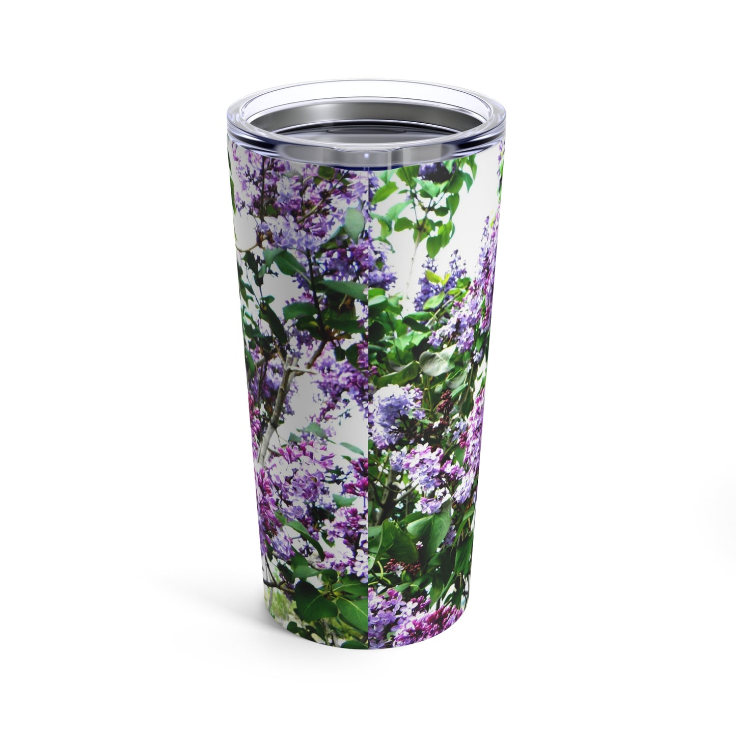 A Printify stainless steel Purple Lilacs Tumbler: 20 oz., insulated, featuring photography by Pam Ponsart.