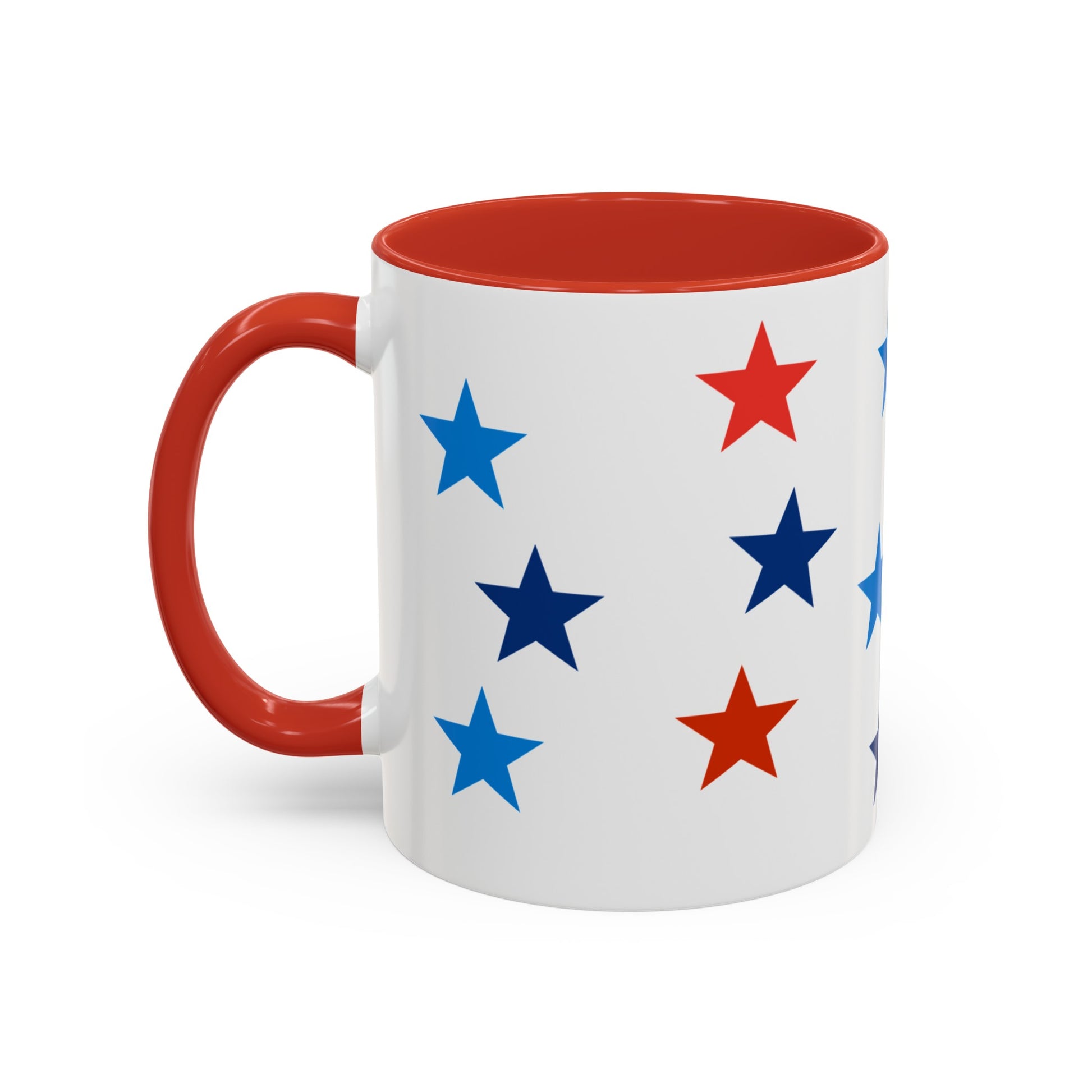 A white mug with a red handle and inner surface, featuring a pattern of red, blue, and dark blue stars. This Patriotic Coffee Mug: 11 oz.; 2 Accent colors; Ceramic by Printify is American made and both dishwasher and microwave safe.