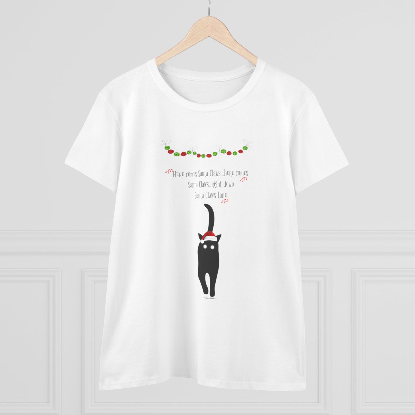 The Santa Claws T-shirt by Printify is a playful women's cotton tee featuring a black cat in a Santa hat with festive decorations and "Here comes Santa Claws..."—perfect holiday wear for any cat lover.