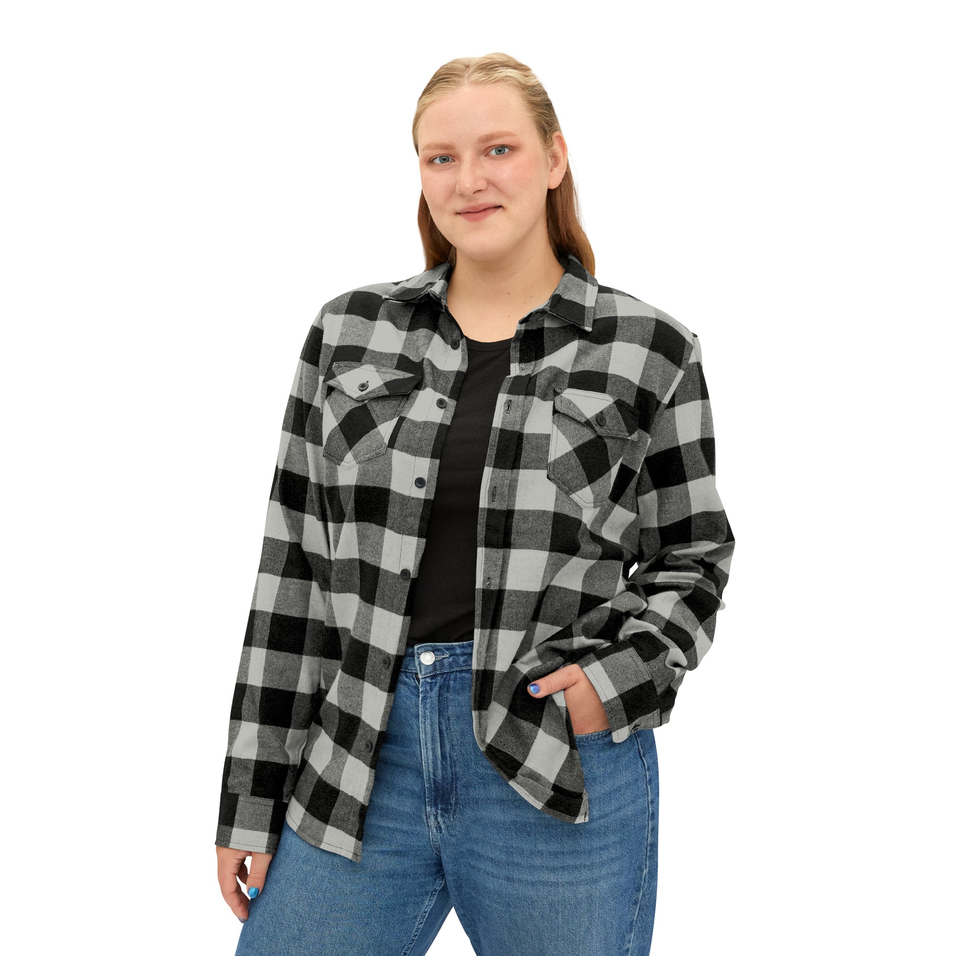 Sentence with product name and brand name: A woman wearing a Printify Unisex Flannel Shirt in black and white.