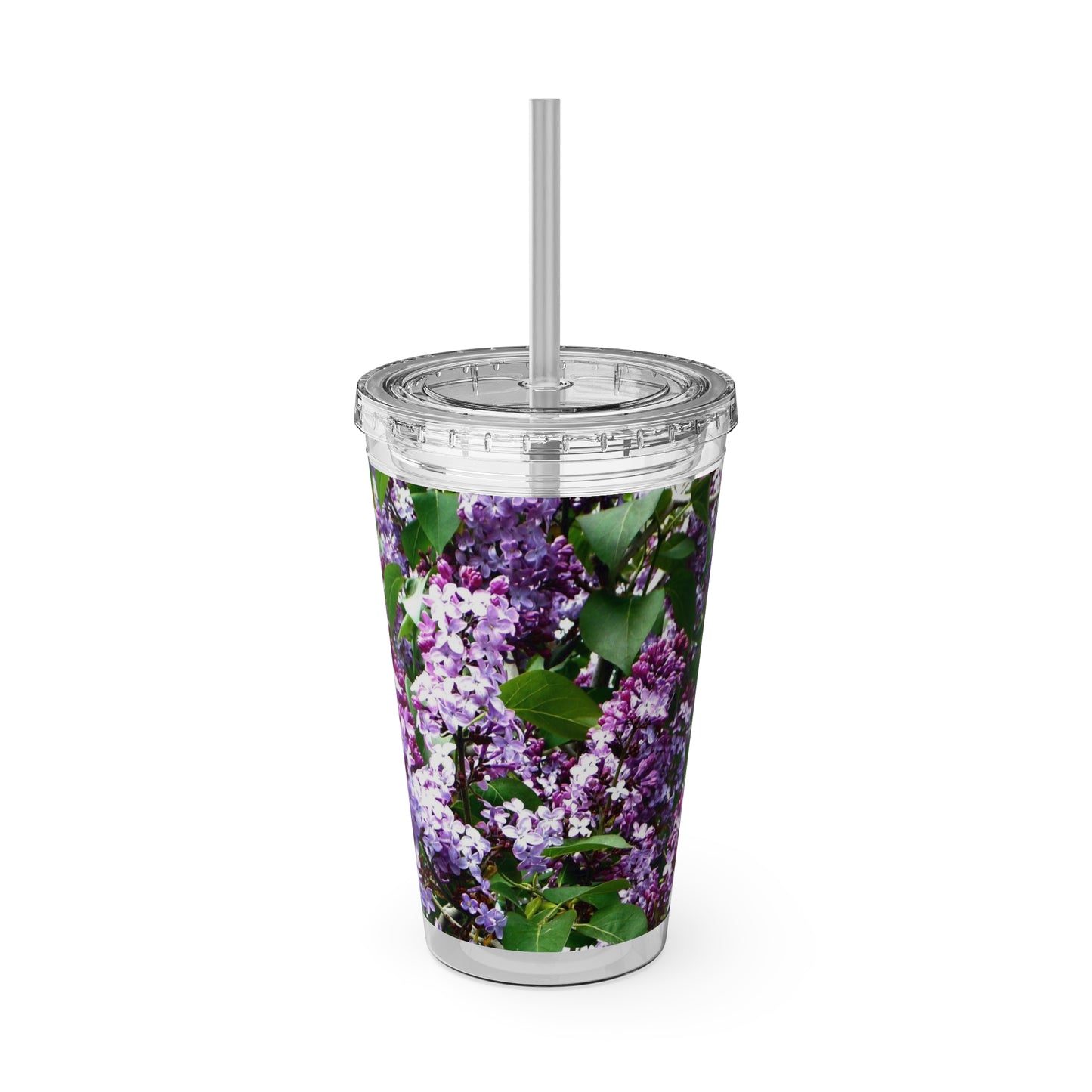 A Purple Lilacs Tumbler with a straw from Printify.