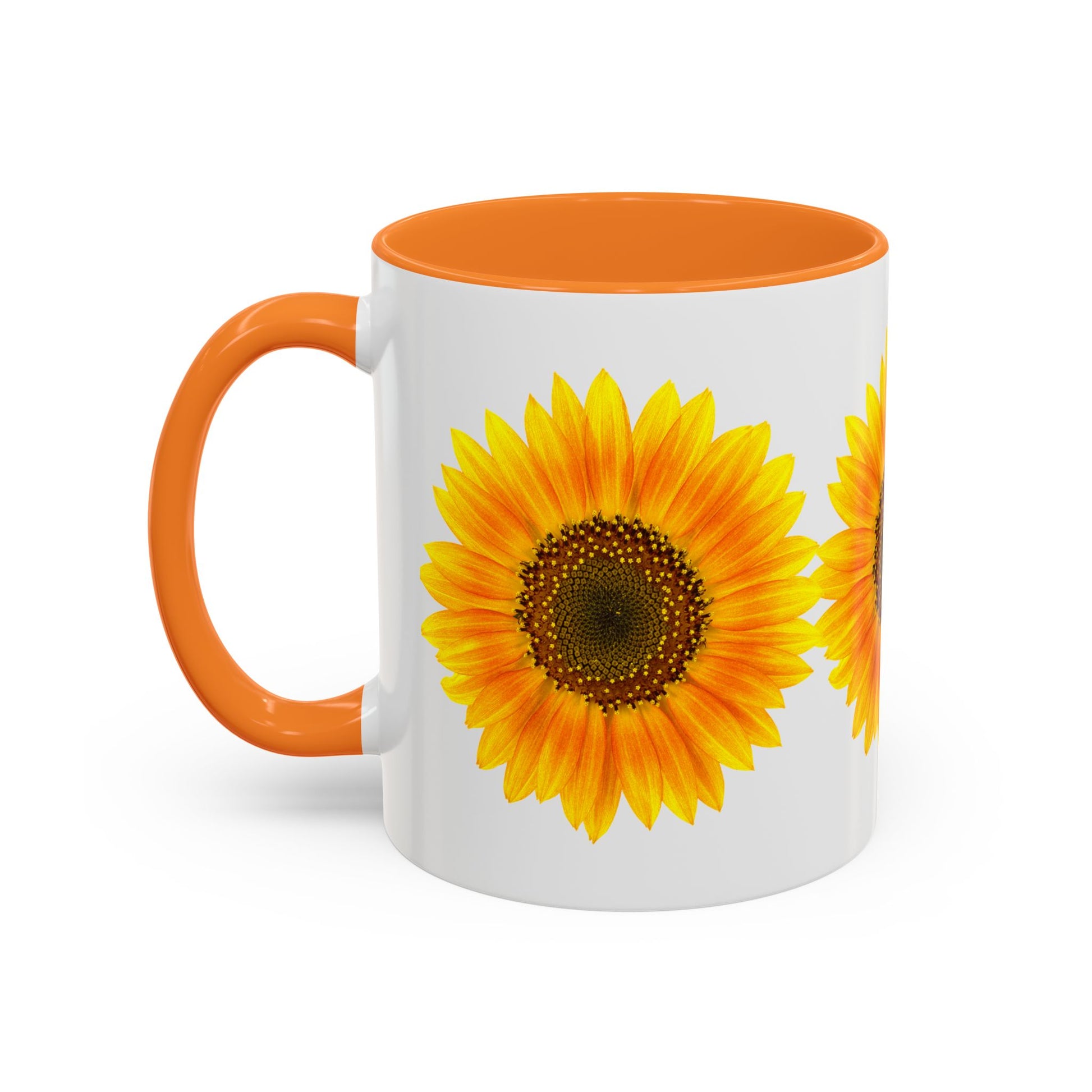 The Printify Sunflower Coffee Mug: Bright Floral | 11oz features a white ceramic body, orange handle and rim, a large sunflower graphic, and durable ORCA coating for vibrant morning coffee moments.