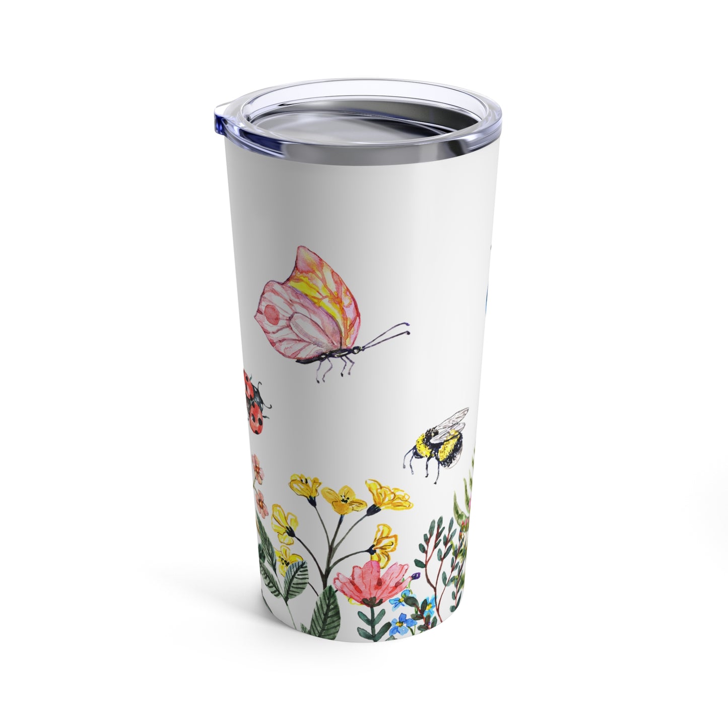 A dishwasher-safe Printify Nature's Garden Tumbler in white stainless steel with butterflies and bees on it.