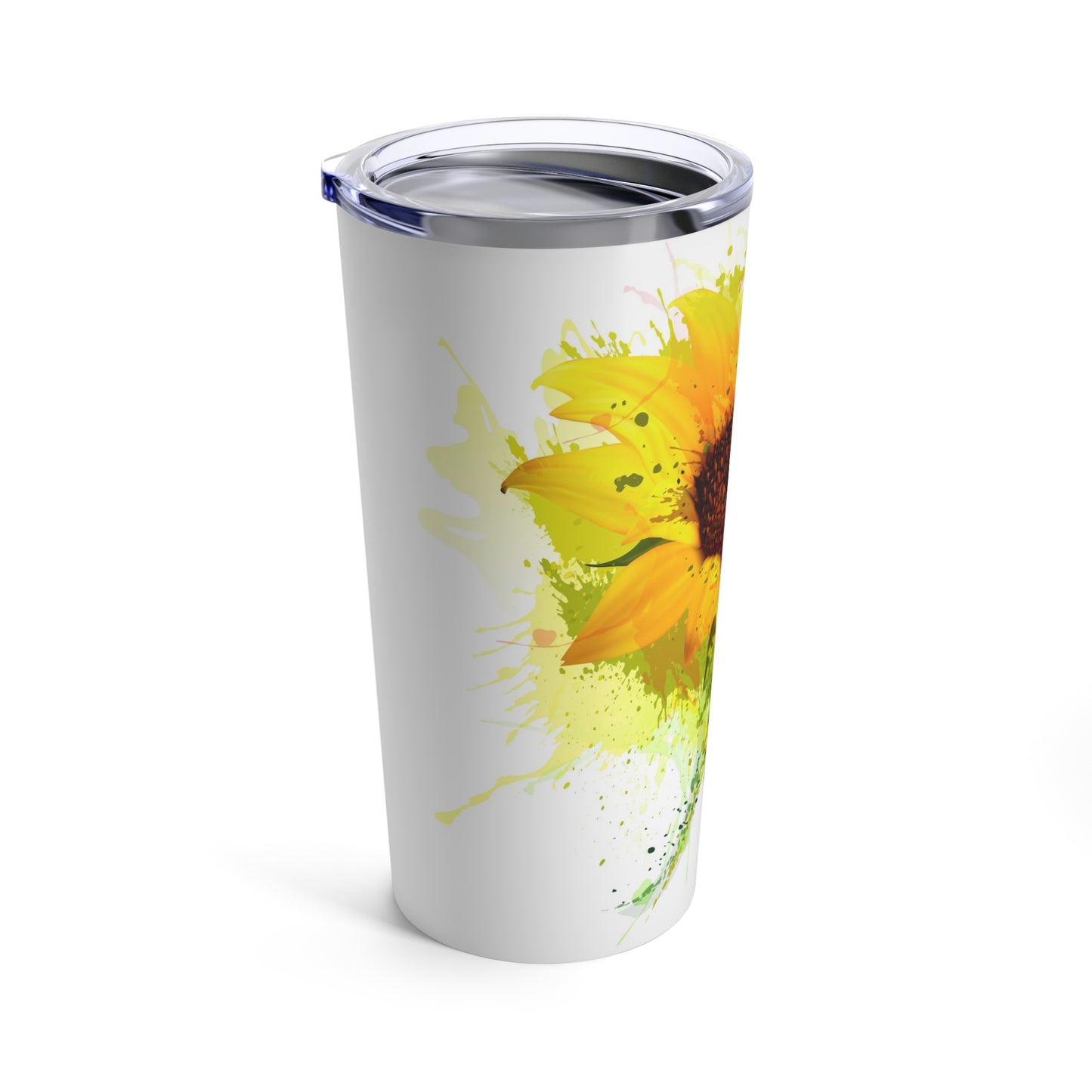 A Watercolor Sunflower Tumbler: 20 oz.; Stainless Steel on a Printify tumbler with a lid.