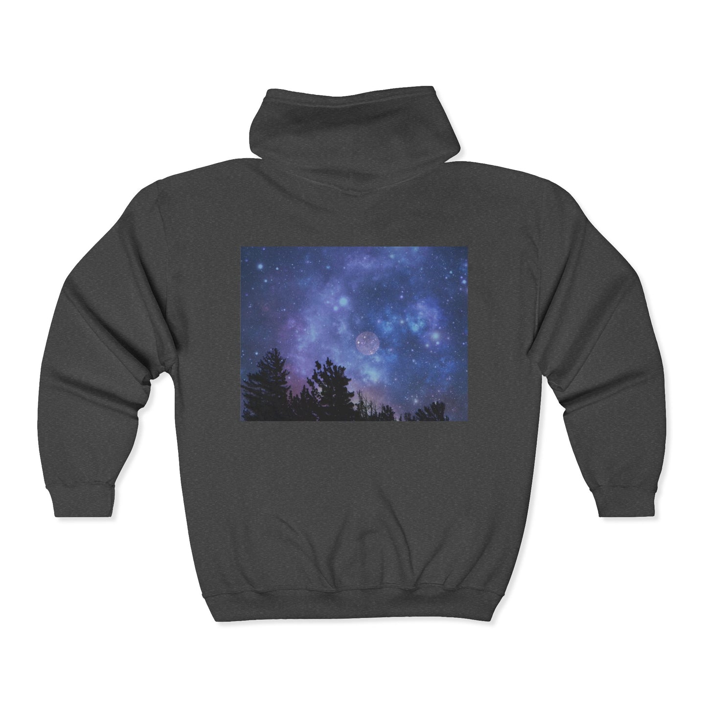 The Galaxy Night-Sky Zip Hoodie by Printify is a cozy unisex zip-up with a back print of a starry sky, trees, and full moon—perfect for fans of classic night-sky designs.