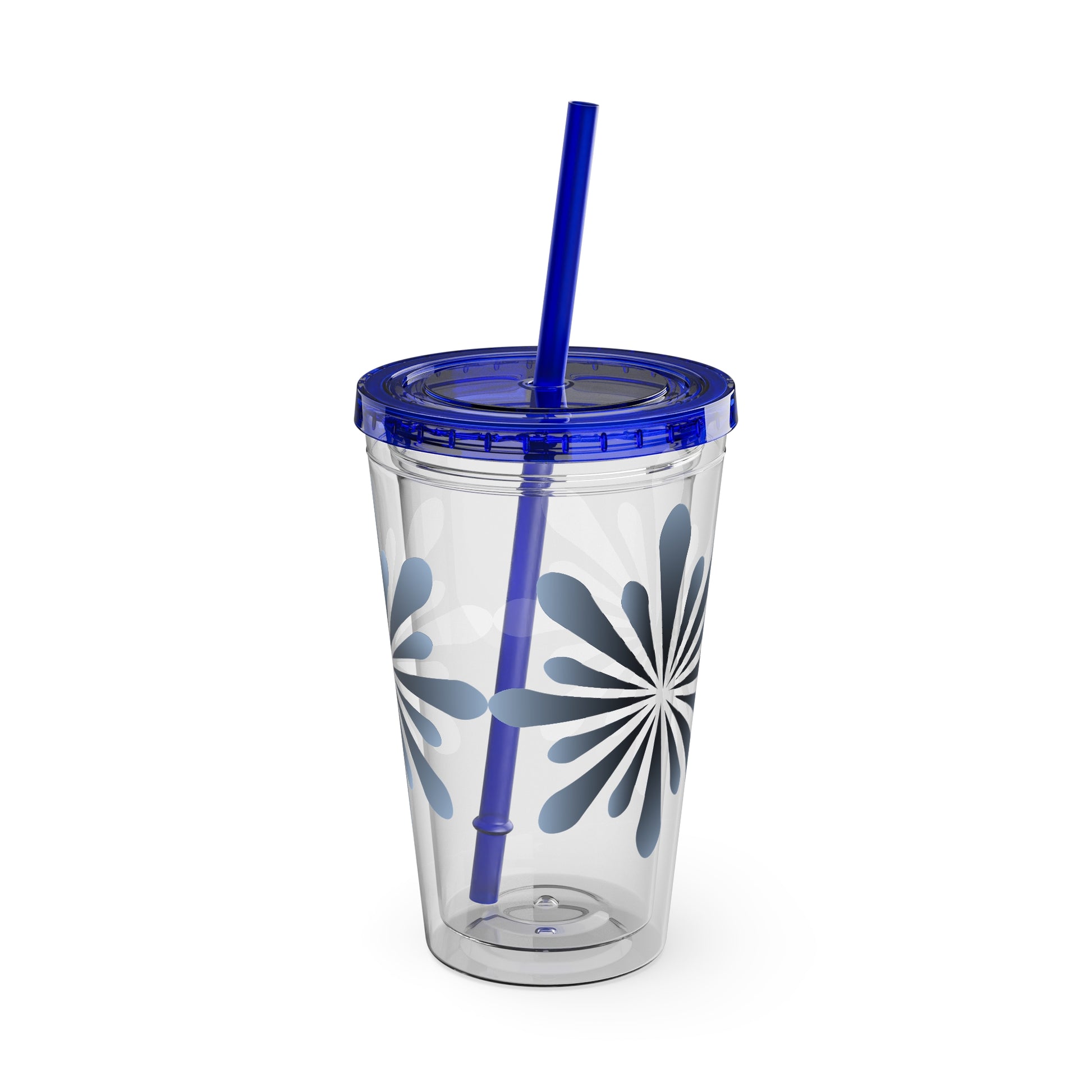 A Blue Star-burst Tumbler with a blue lid and a straw, designed to be crack-resistant.
