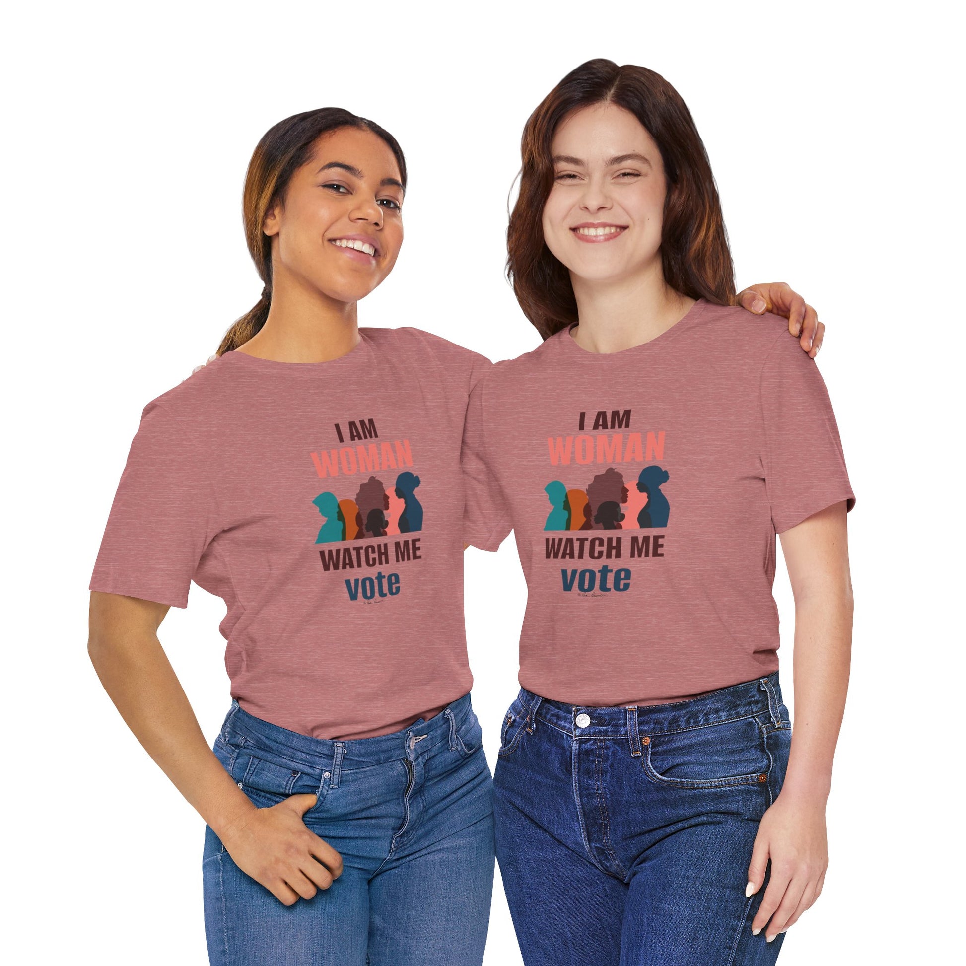 Two women smiling and wearing matching Printify Voting Women's T-shirts with the slogan "i am woman watch me vote" printed on them.