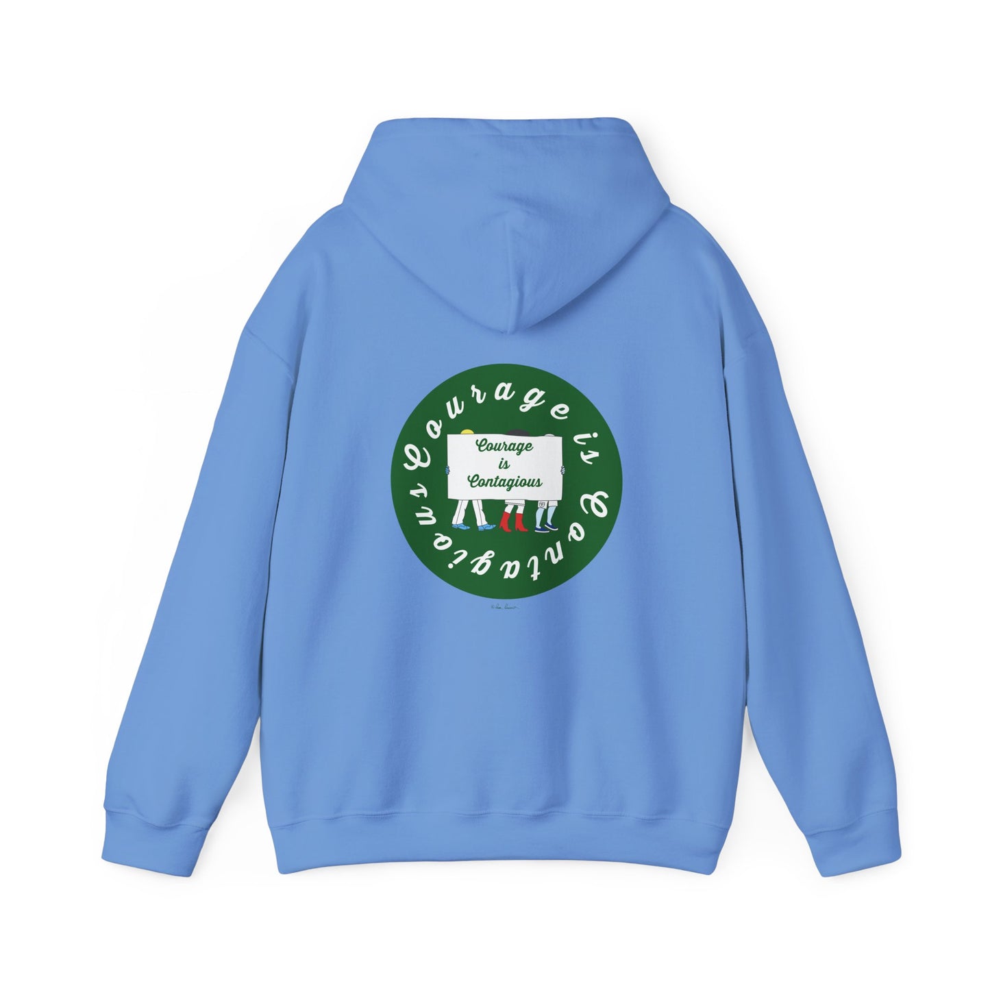 The Printify "Courage Is Contagious Hoodie: Mental Health Awareness" is a light blue, mid-weight sweatshirt featuring a green and white back graphic with three figures holding a “Courage is Contagious” sign.