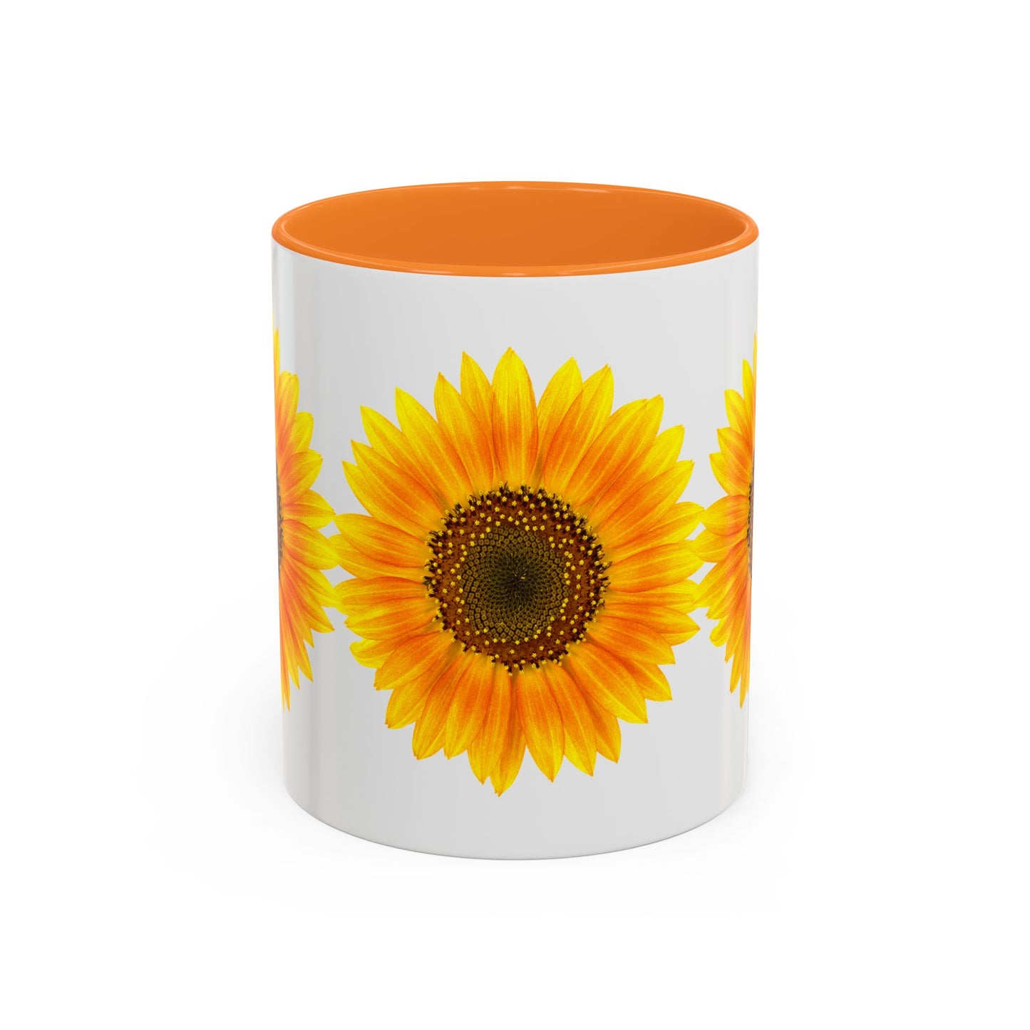 The Printify Sunflower Coffee Mug: Bright Floral is an 11oz white ceramic cup with a vibrant orange interior and a yellow sunflower pattern. ORCA coating ensures lasting color and durability.