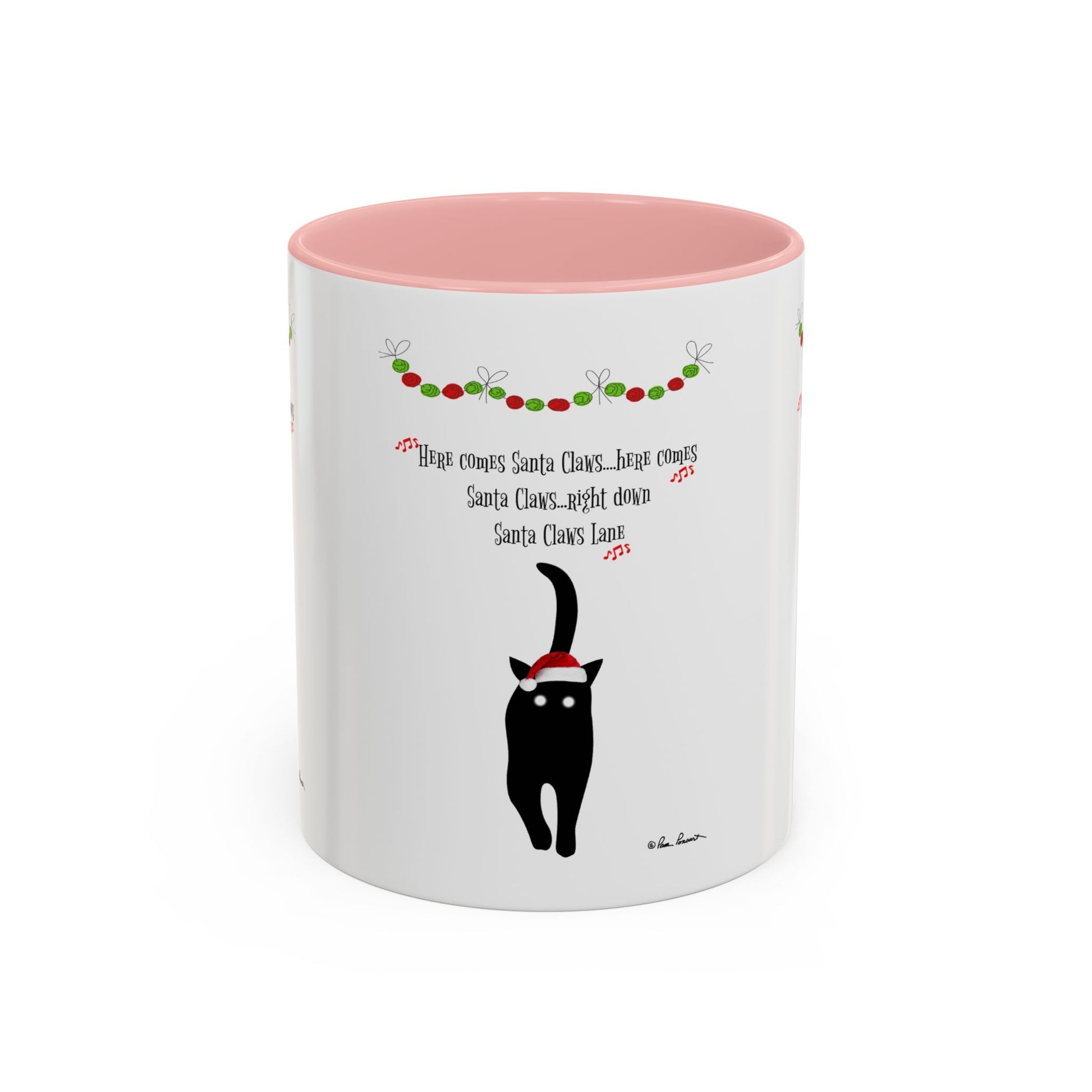 The Festive-Cat Accent Coffee Mug by Printify features a black cat in a Santa hat with festive garland and "Here comes Santa Claws" text, making it the perfect holiday gift for cat lovers.