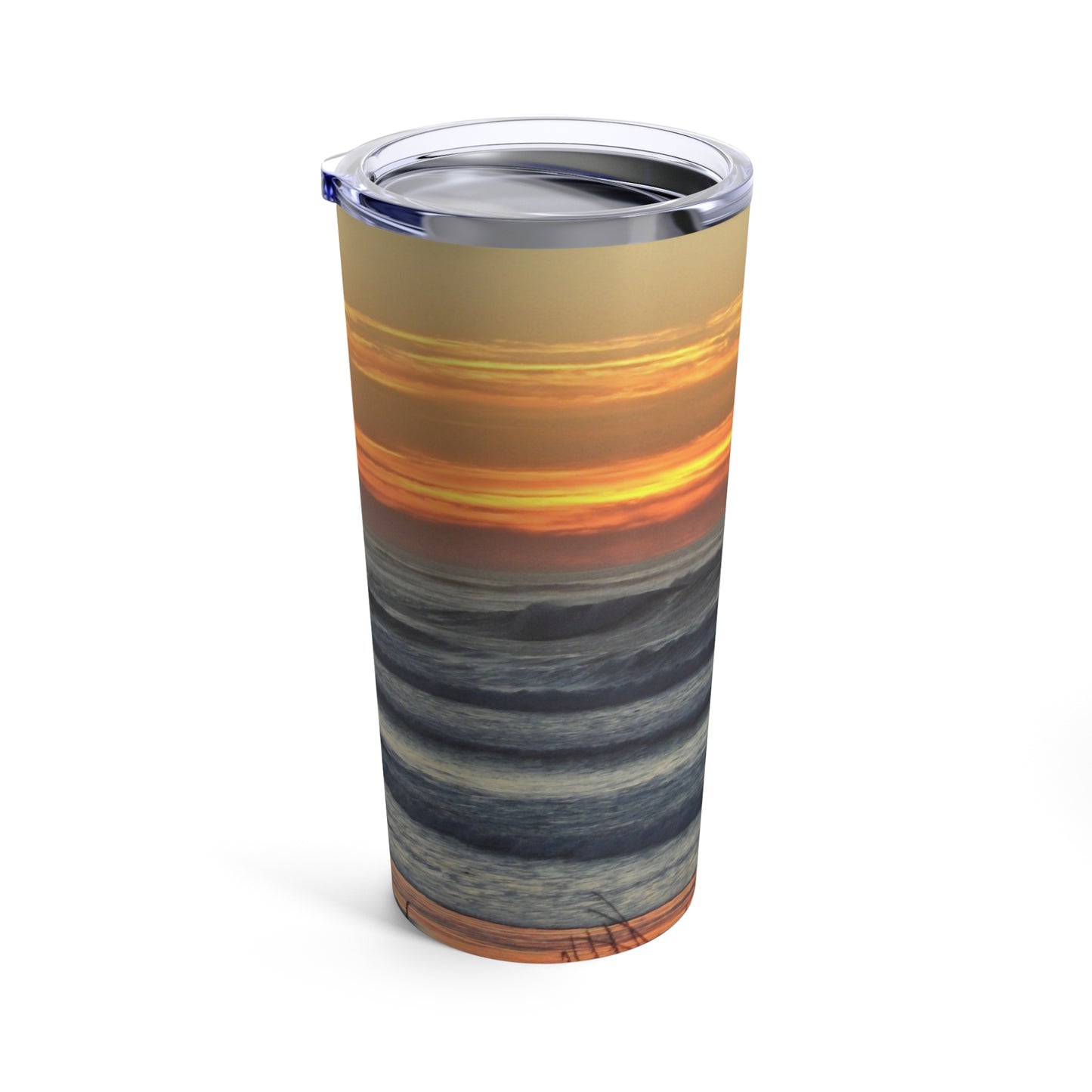 An insulated, stainless steel Printify Sunset Seascape Tumbler: 20 oz.