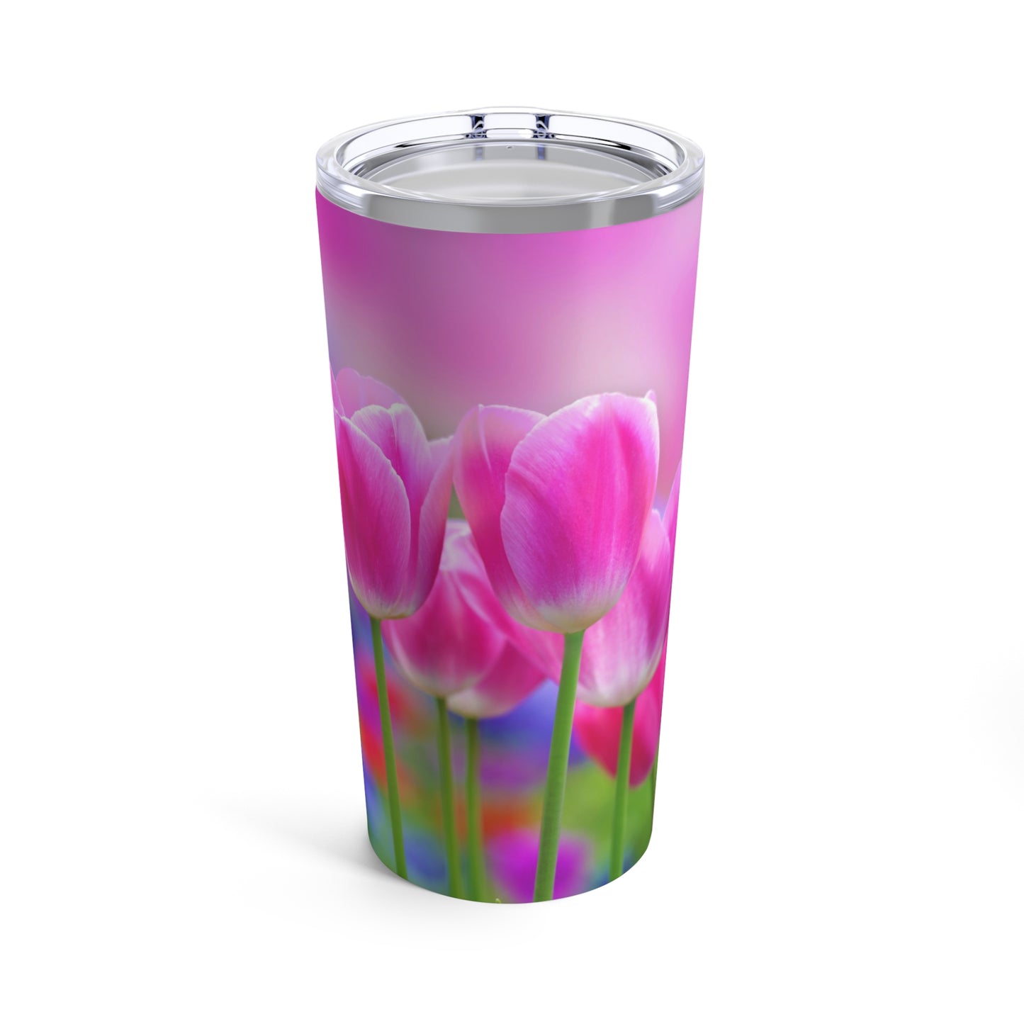 A dishwasher-safe Purple Tulips Tumbler with a green background by Printify.