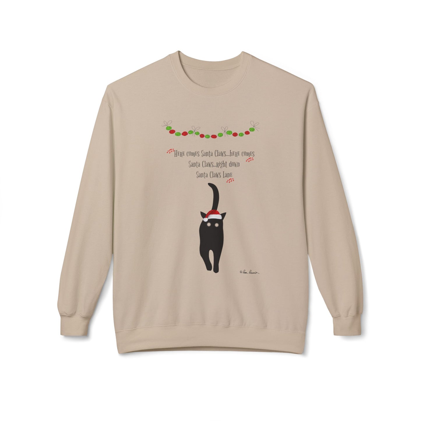 The Holiday Cat Crewneck Sweatshirt by Printify is a unisex, festive, and playful pullover featuring a black cat in a Santa hat with "Here comes Santa Claus, right down Santa Claus Lane." Perfect cozy holiday wear.