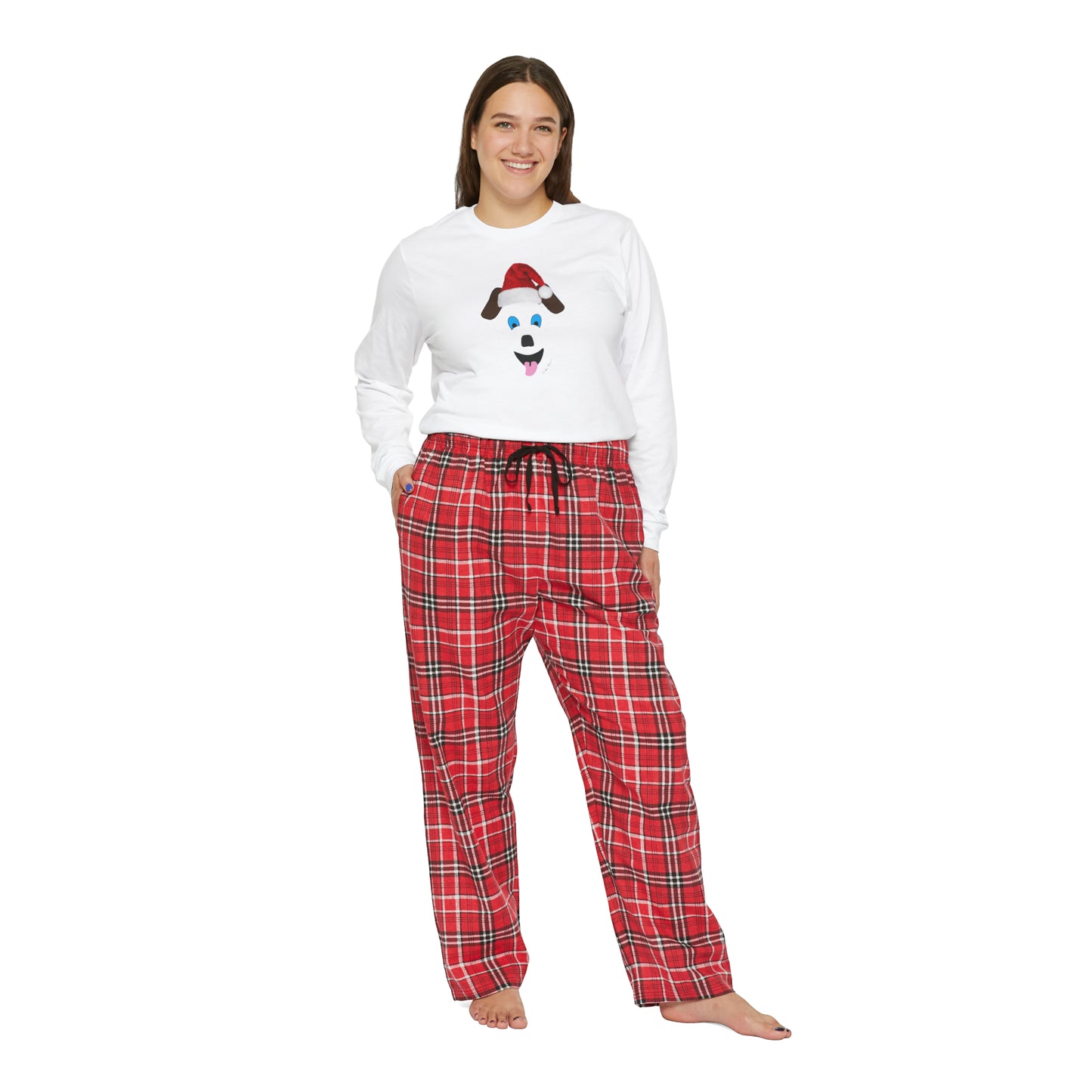 A woman wearing a Printify women's long-sleeve pajama set in red and white plaid with a dog on it, custom-made from 100% cotton.