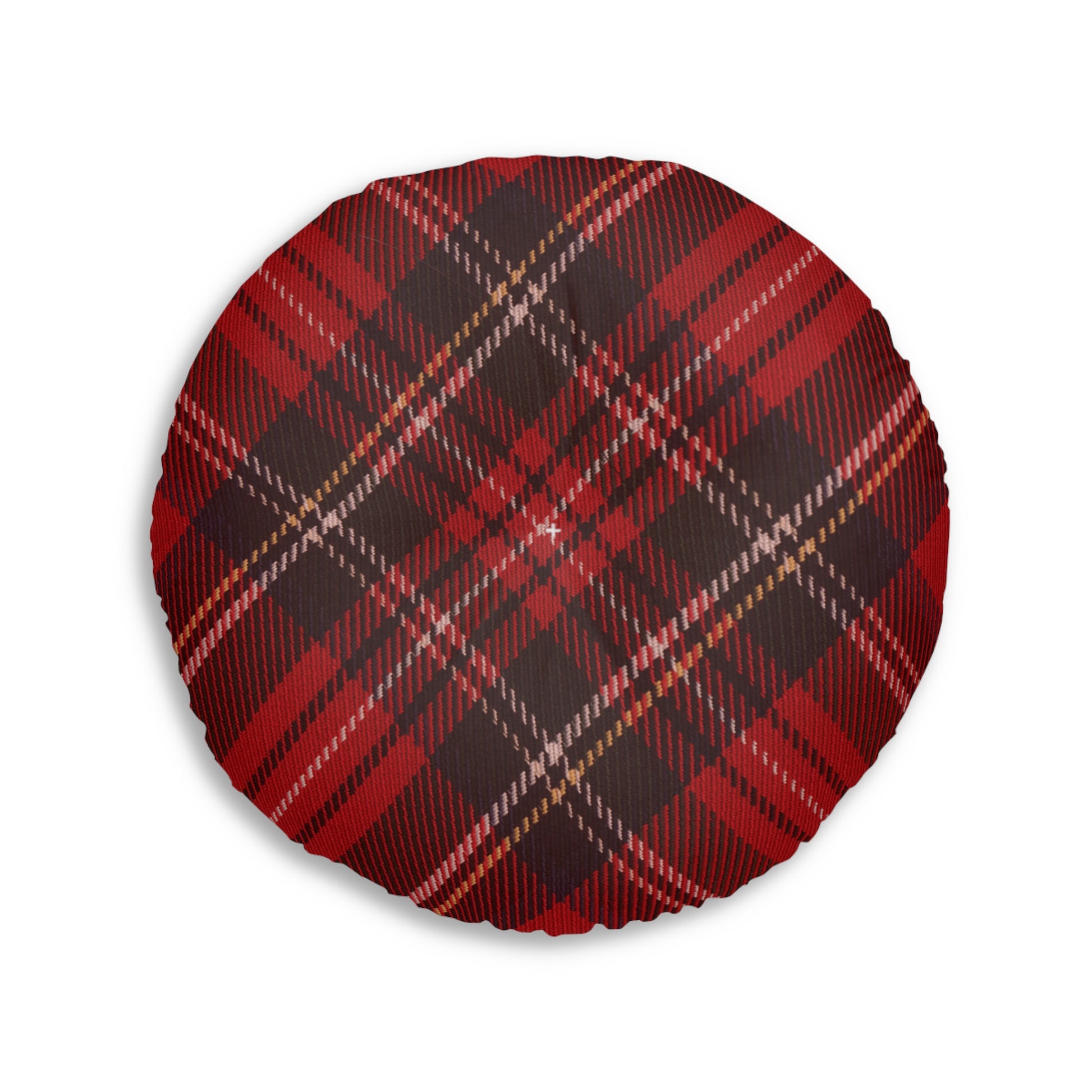 A comfortable Plaid Tufted Floor-Pillow from Printify with a plaid pattern in red and black.