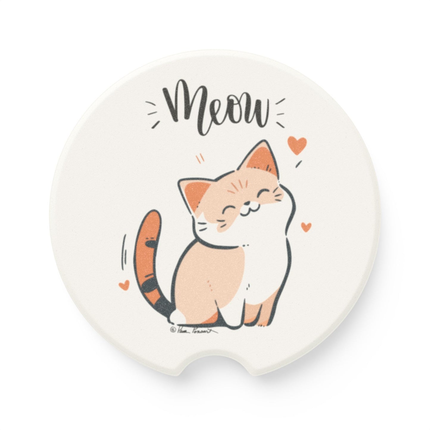 An illustration featuring a joyful cat surrounded by hearts, ideal for cat enthusiasts. The design includes the word "Meow" above, capturing the charm of Printify's Cute-Cat Car Coasters: Unisex; Absorbent; Meow Design.