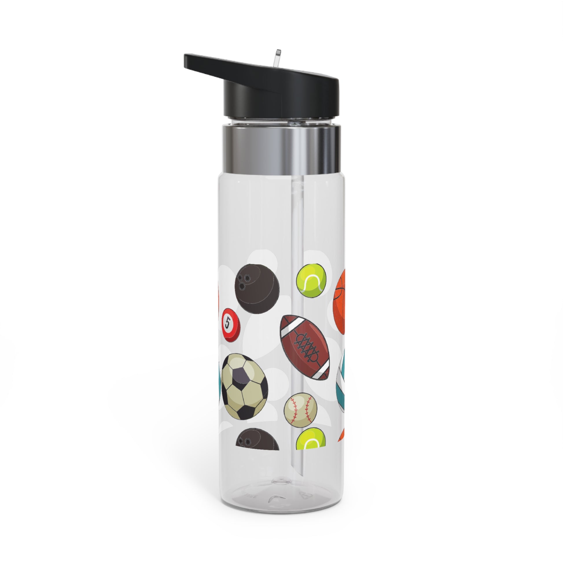 A Printify Sports Fan Water Bottle: 20 oz.; Unisex; Kensington Tritan™ with sports balls on it.