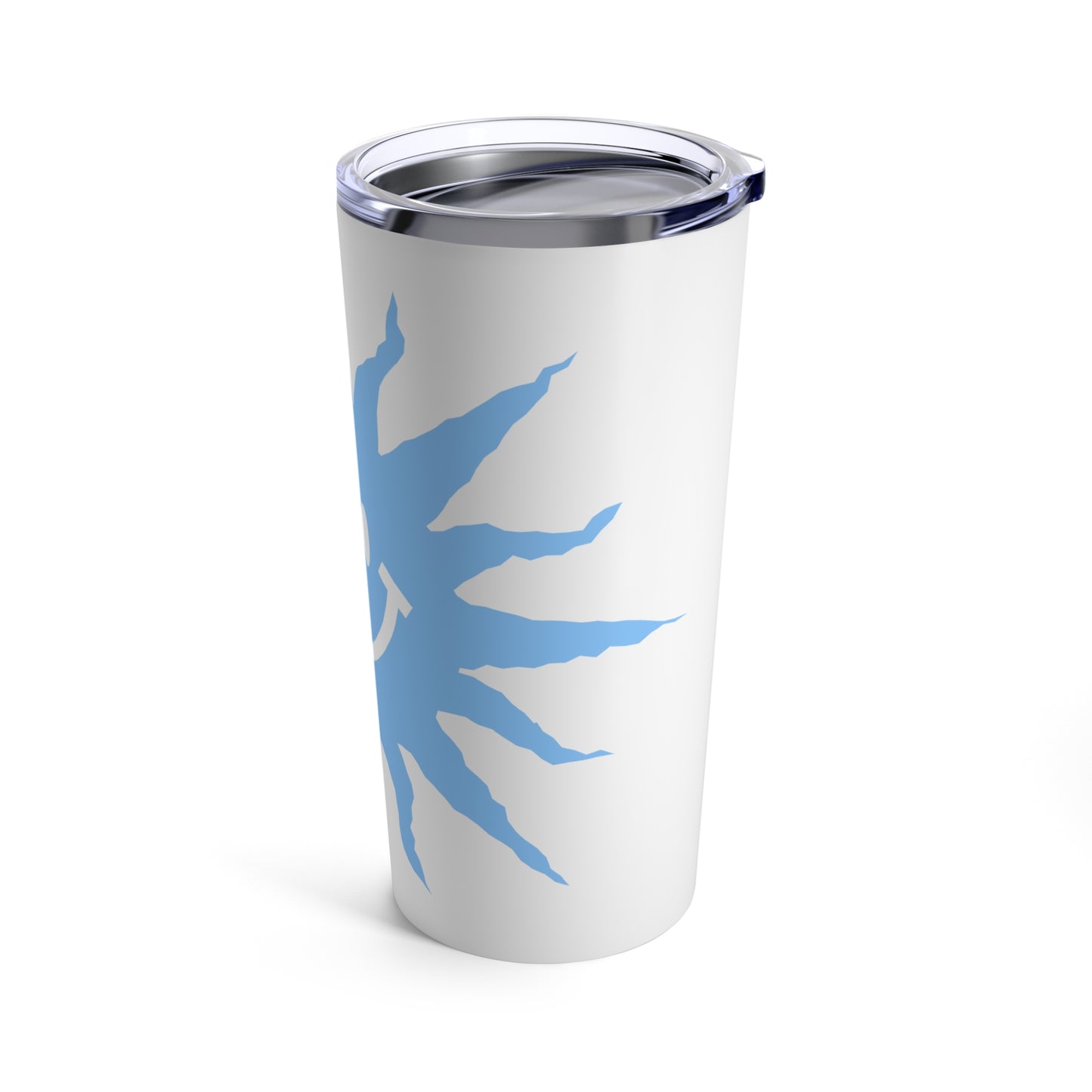 A stainless steel, white Blue Happy-Face Tumbler with a blue sun on it from Printify.