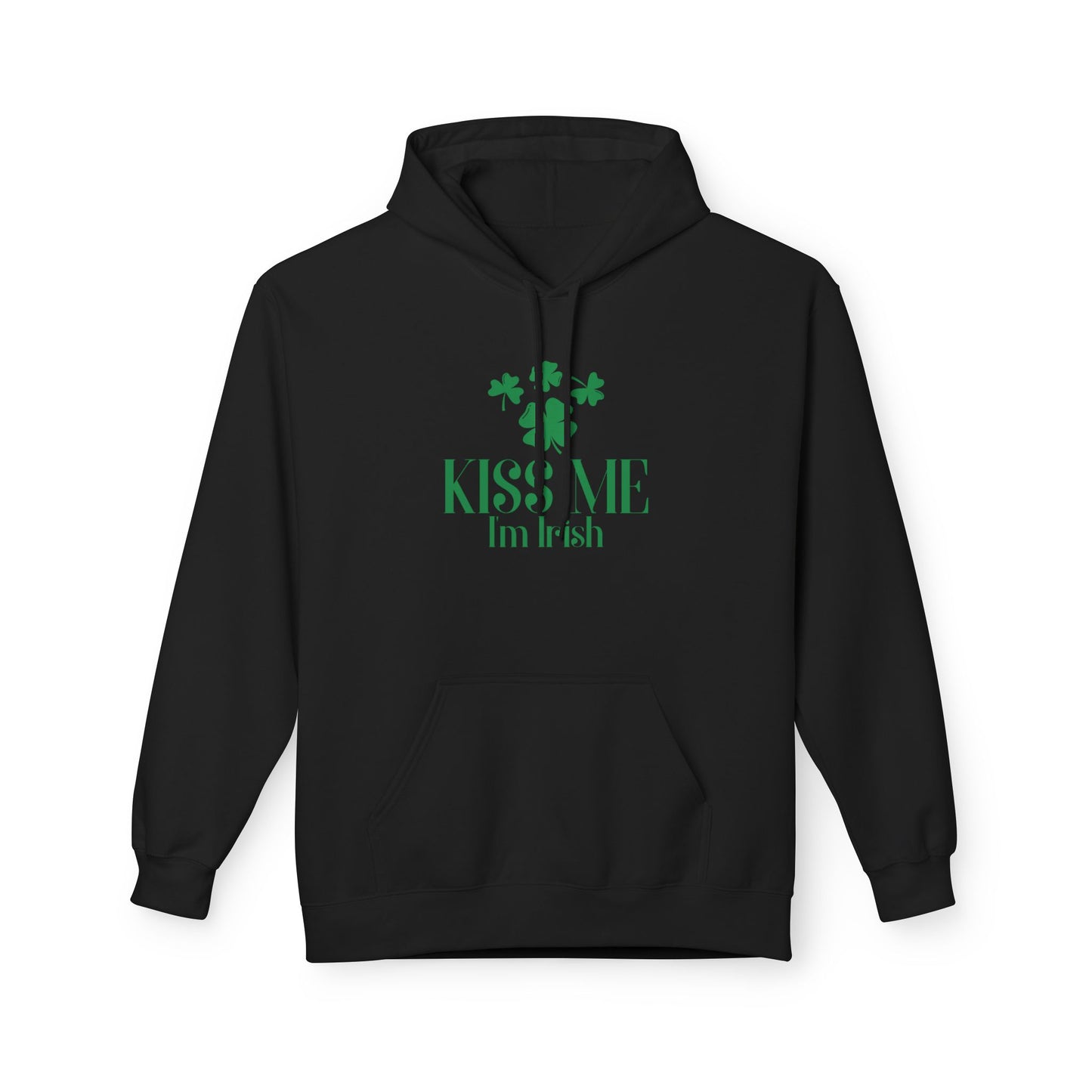 Show off your Irish pride with the Printify Kiss-Me I'm Irish Hoodie: a St. Patrick’s Day Shamrock Pullover featuring bold green “Kiss Me I’m Irish” text and shamrocks—perfect for festive celebrations!.