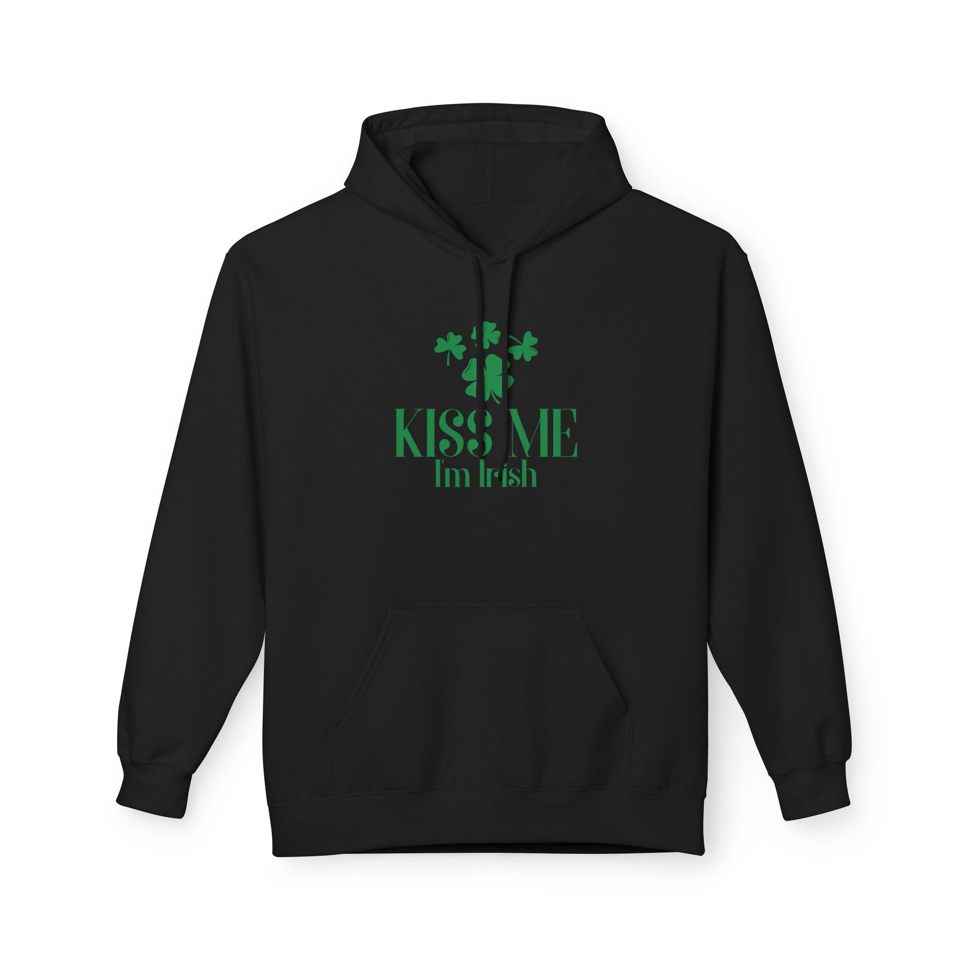 Show off your Irish pride with the Printify Kiss-Me I'm Irish Hoodie: a St. Patrick’s Day Shamrock Pullover featuring bold green “Kiss Me I’m Irish” text and shamrocks—perfect for festive celebrations!.