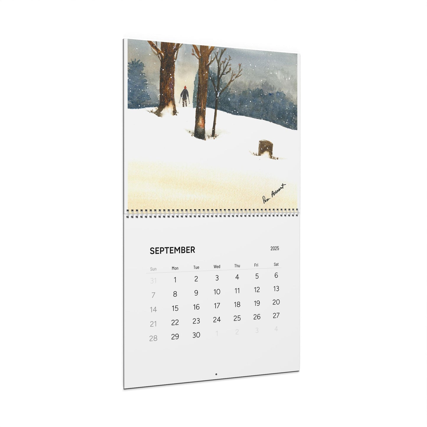 The 2025 Nature-Themed Wall Calendar by Printify showcases a watercolor art piece that resembles a Pam Ponsart painting, featuring a snowy landscape with trees and a distant figure. This stunning reproduction beautifully encapsulates the serene beauty of nature throughout the month.