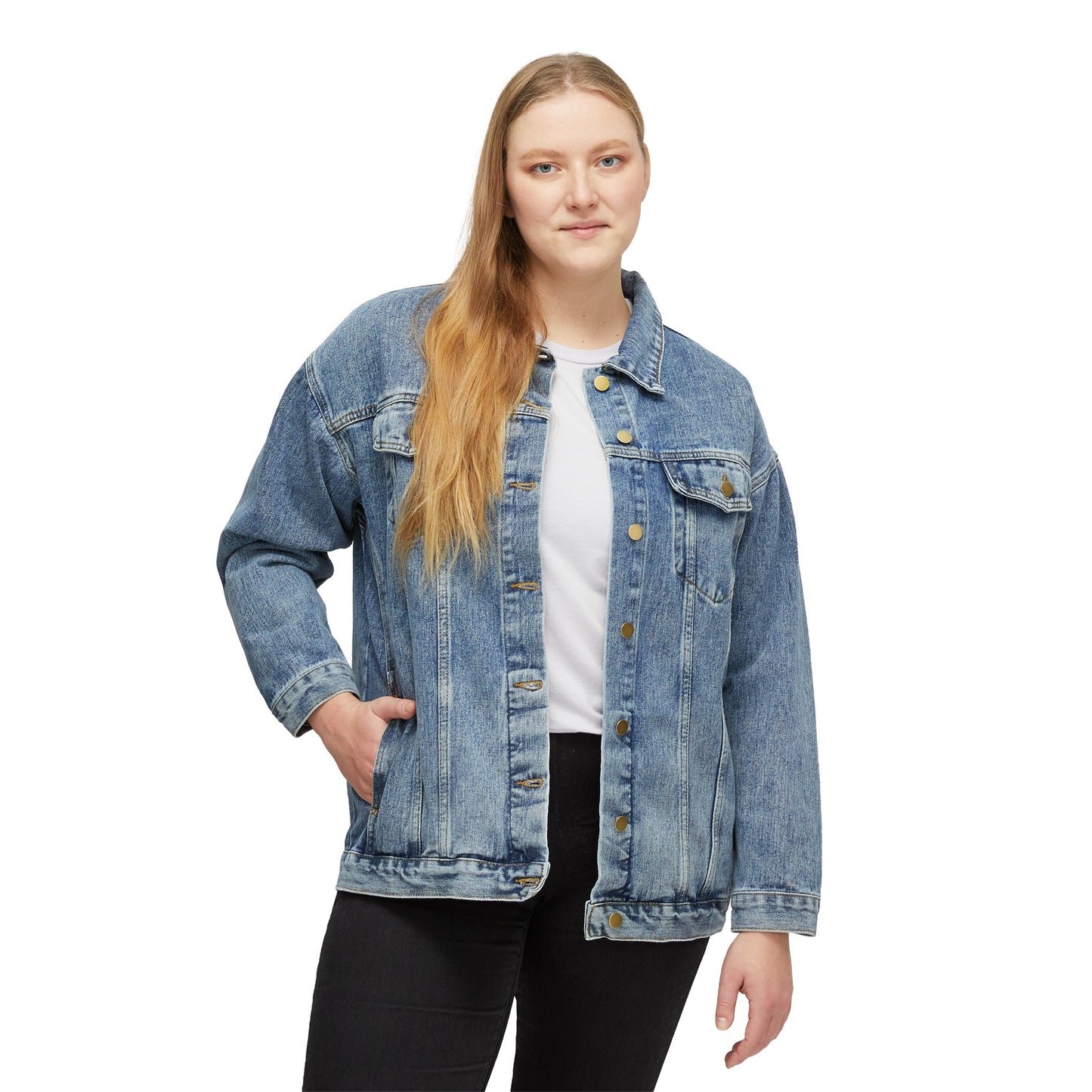 Woman modeling the front of the jacket