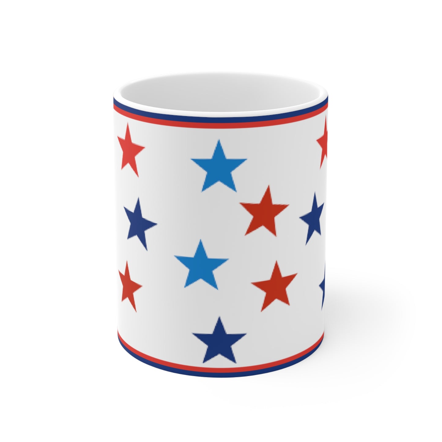 This Mug with Stars: Blue and Red on White; Ceramic; 11 oz., designed by Pam Ponsart, is decorated with red, blue, and light blue stars and features bold red and blue striped borders at the top and bottom.