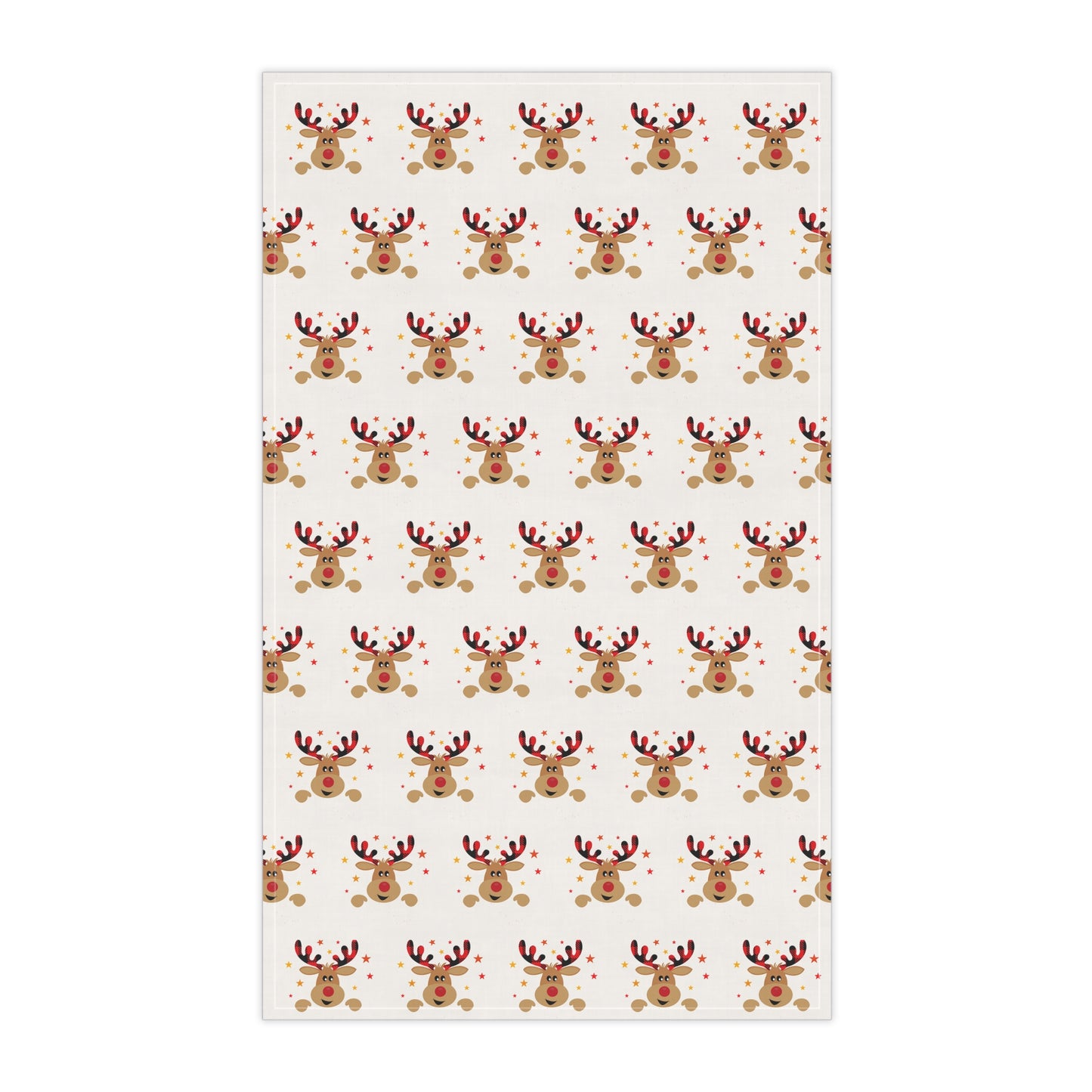 This delightful design features cartoon reindeer heads with antlers and red noses set against a white background, making it ideal for infusing your Festive Reindeer Tea Towels from Printify with a whimsical touch. These tea towels are perfect for spreading holiday cheer throughout your kitchen during the festive season.