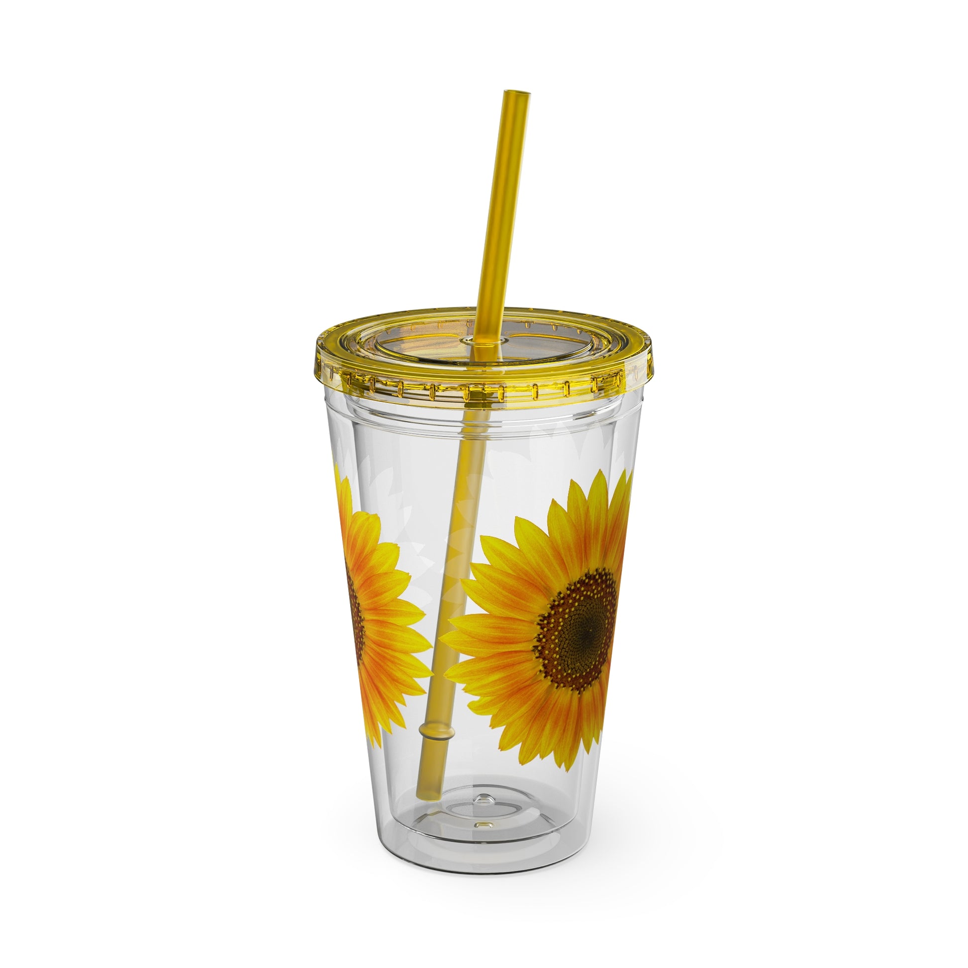 A Printify Golden Sunflower Tumbler: 16 oz.; With straw & lid; Acrylic
