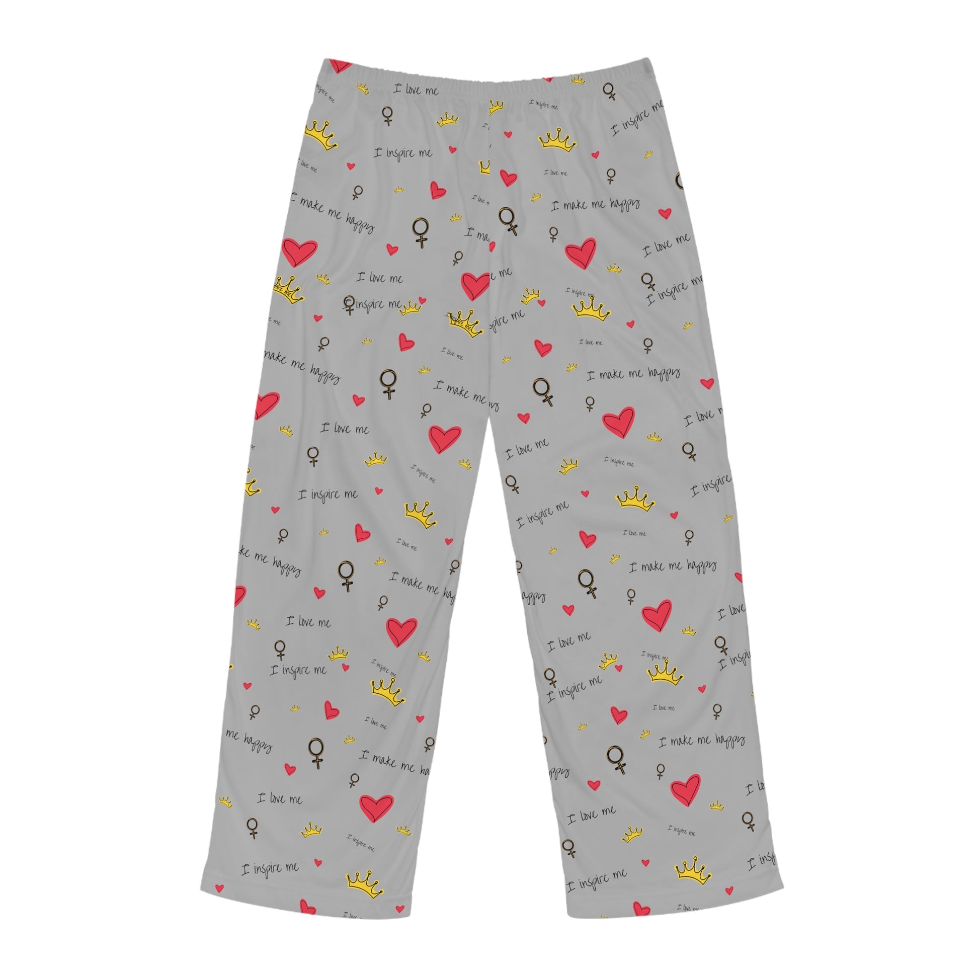 A Printify Men's Pajama Pants: Polyester jersey; Relaxed fit; Elastic; Drawstring with hearts, perfect for a Valentine's Day gift or as Men's Pajama Pants.