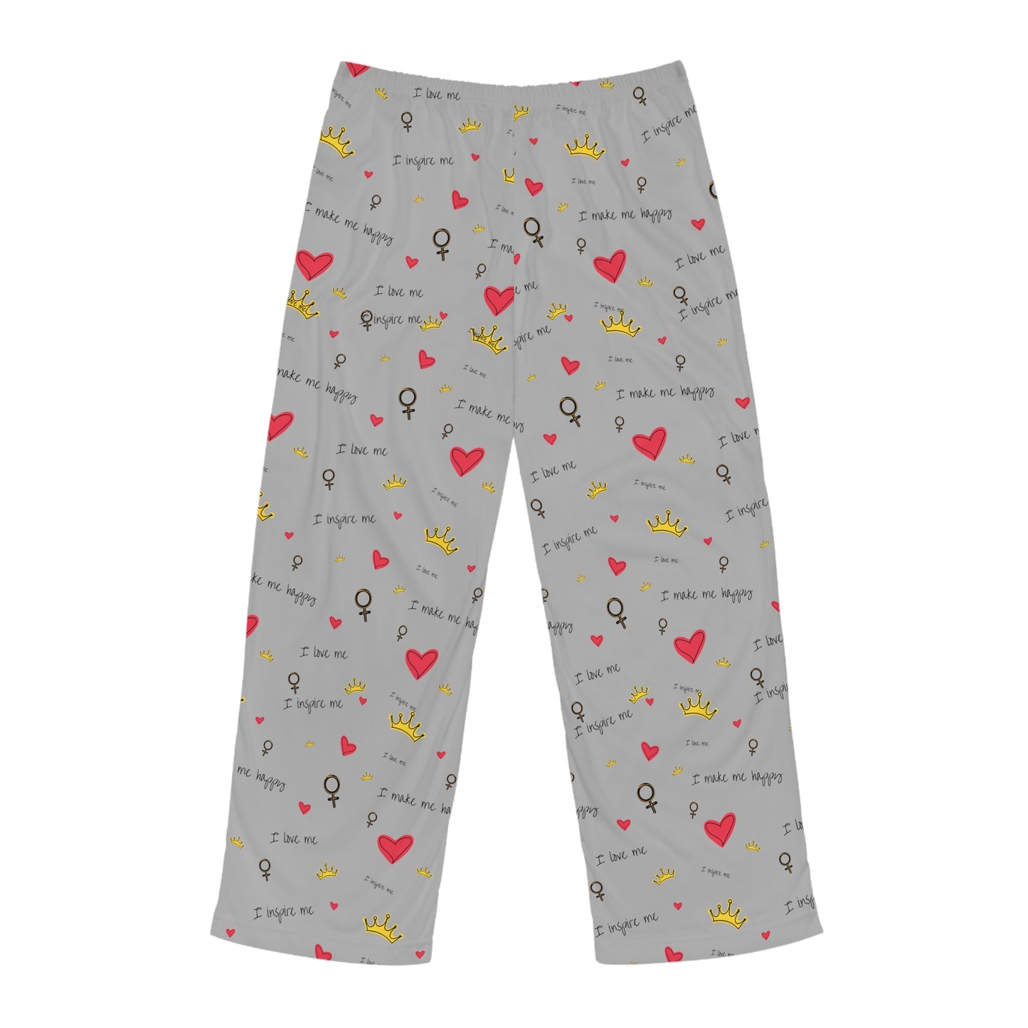 A Printify men's grey pajama pants with hearts, making it the perfect Valentine's Day gift. Made from 100% polyester.