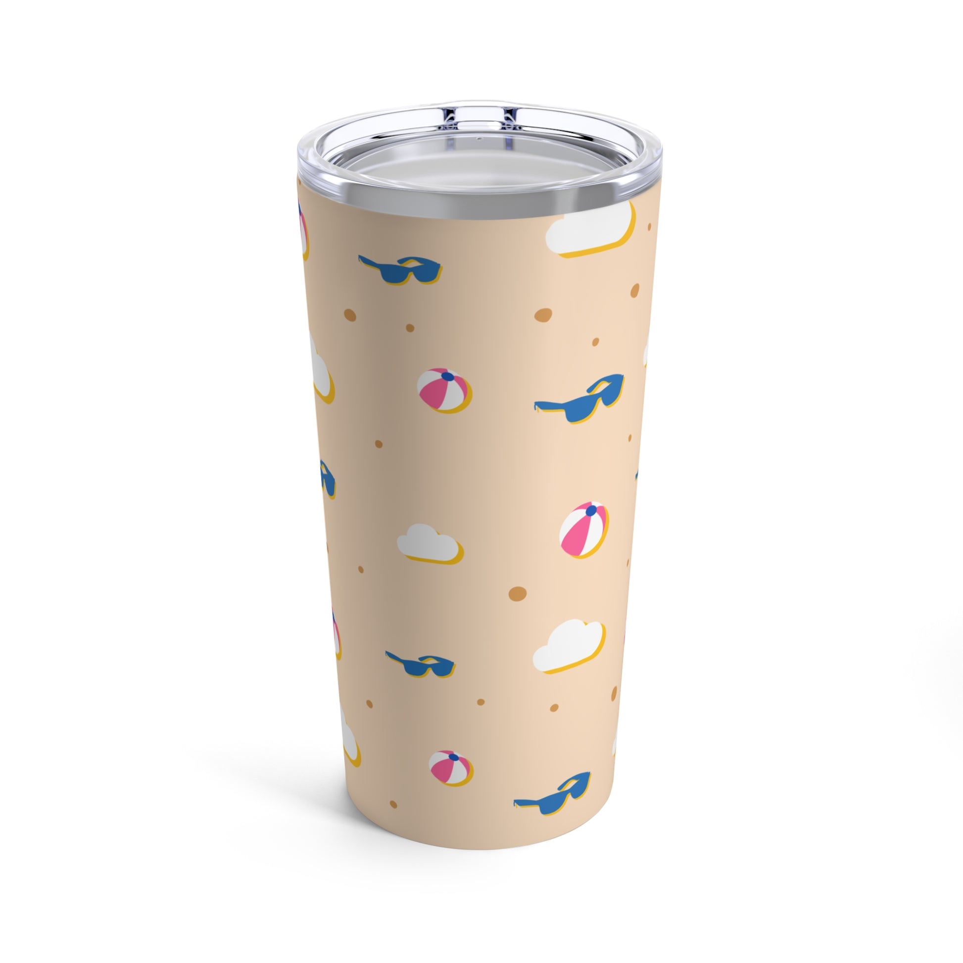 A Printify pink summer tumbler with beach balls and sunglasses on it, dishwasher safe.