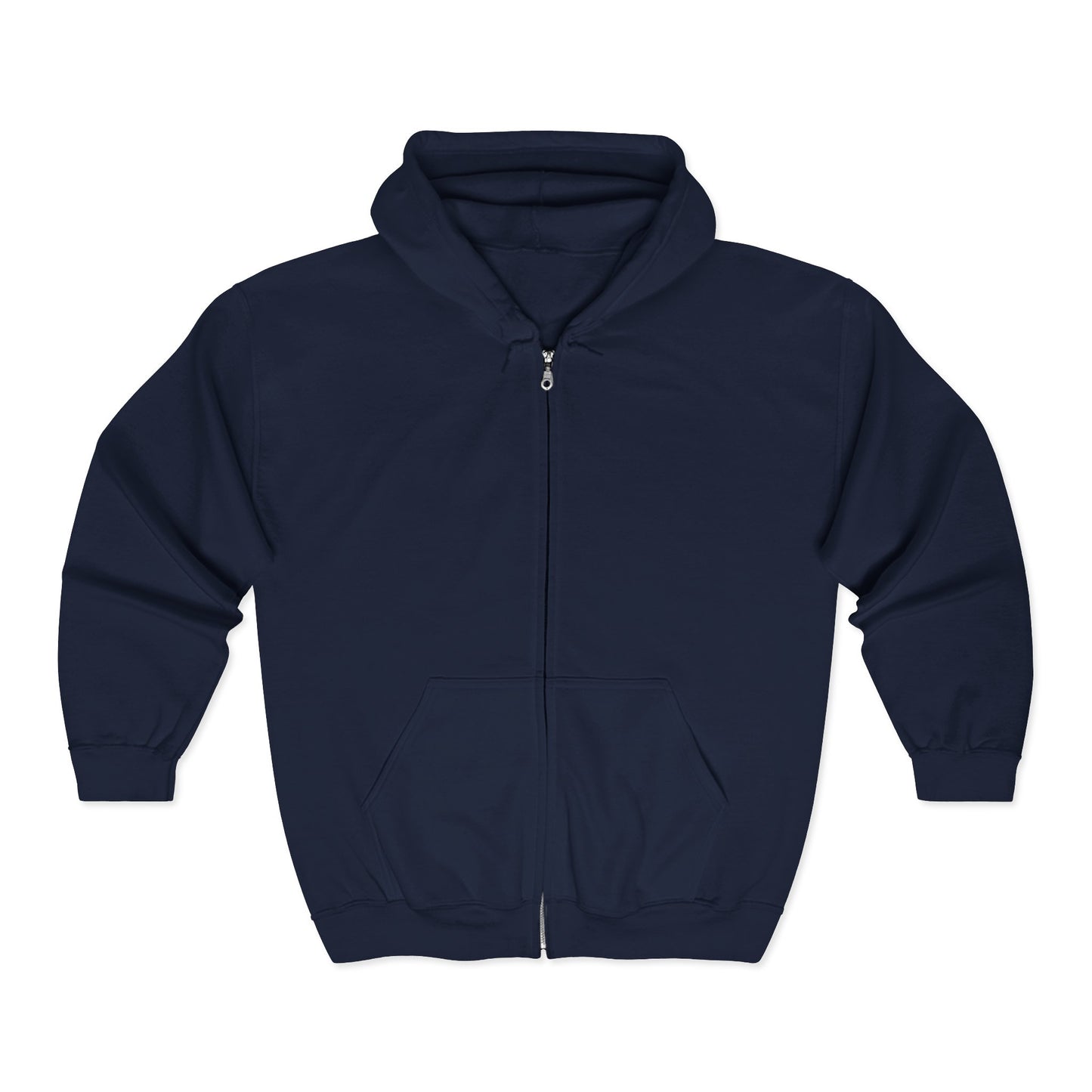 The Printify Galaxy Night-Sky Zip Hoodie—unisex, cozy with a back print—features a navy blue color, front zipper, two front pockets, and a hood. It is shown flat on a white background.