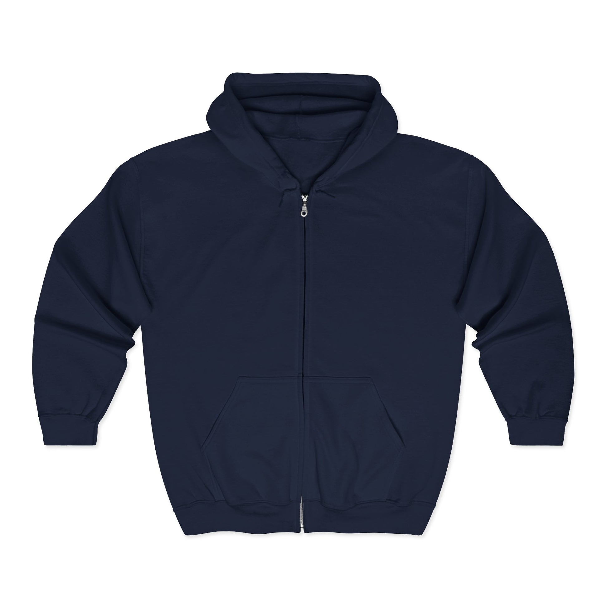 The Printify Galaxy Night-Sky Zip Hoodie—unisex, cozy with a back print—features a navy blue color, front zipper, two front pockets, and a hood. It is shown flat on a white background.