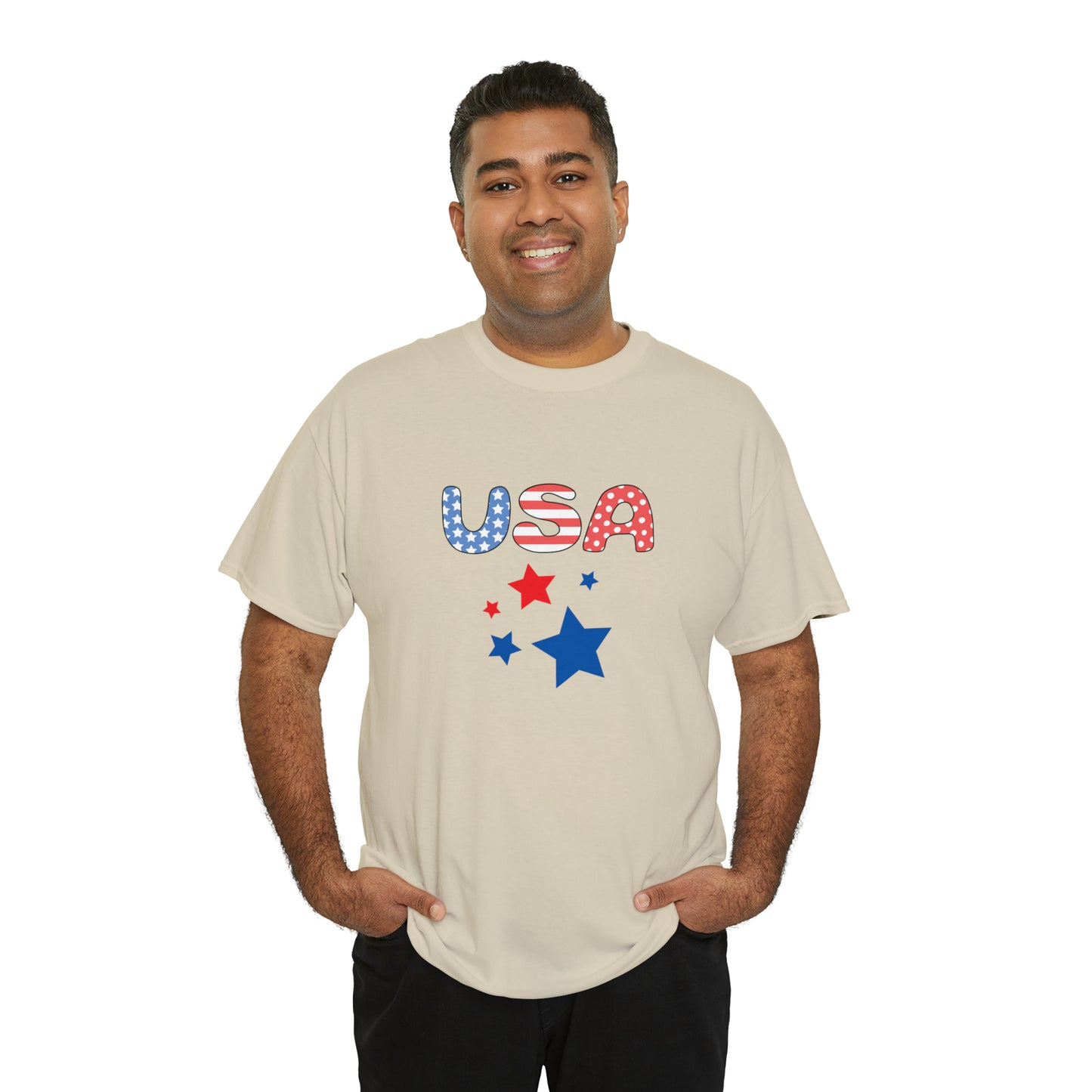 Mock up of a dark-skinned man wearing the Sand t-shirt
