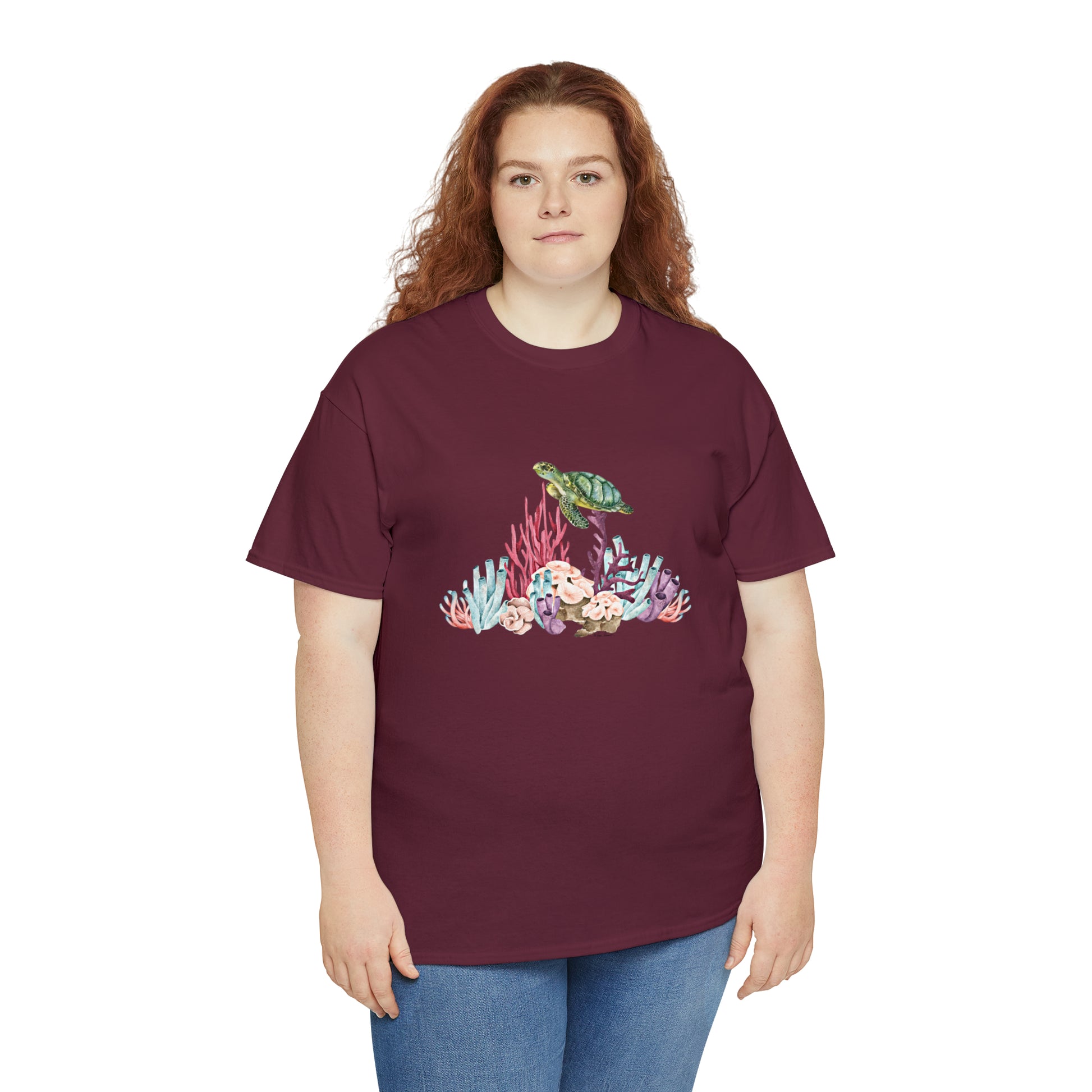 Mock up of a plus-size woman with red hair wearing the Maroon shirt