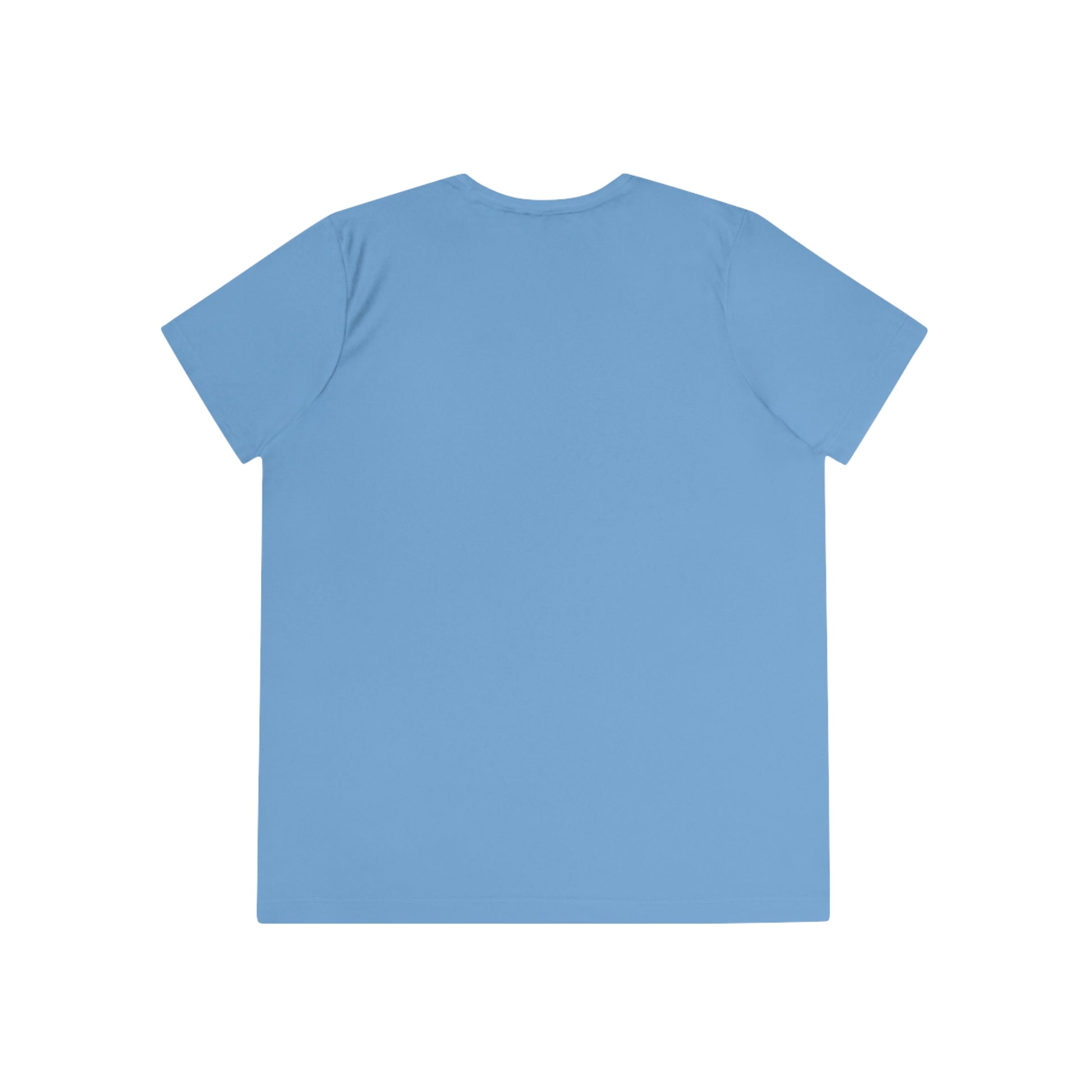 A plain light blue short-sleeve Moisture-wicking Ladies T-shirt: Seashorse; Sport Tek 350 with a feminine fit, shown from the back on a white background.