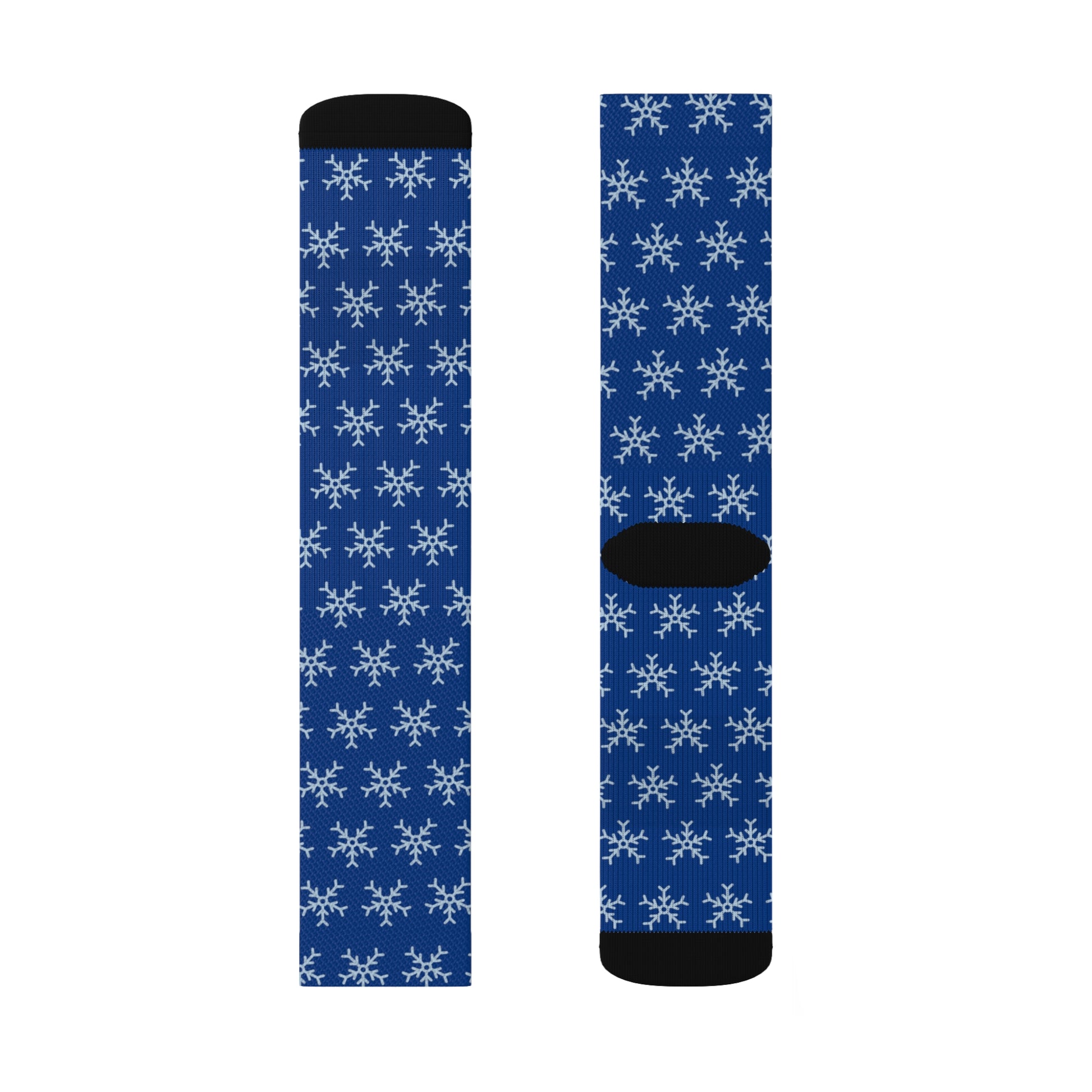 A pair of Printify blue tube socks with snowflakes.