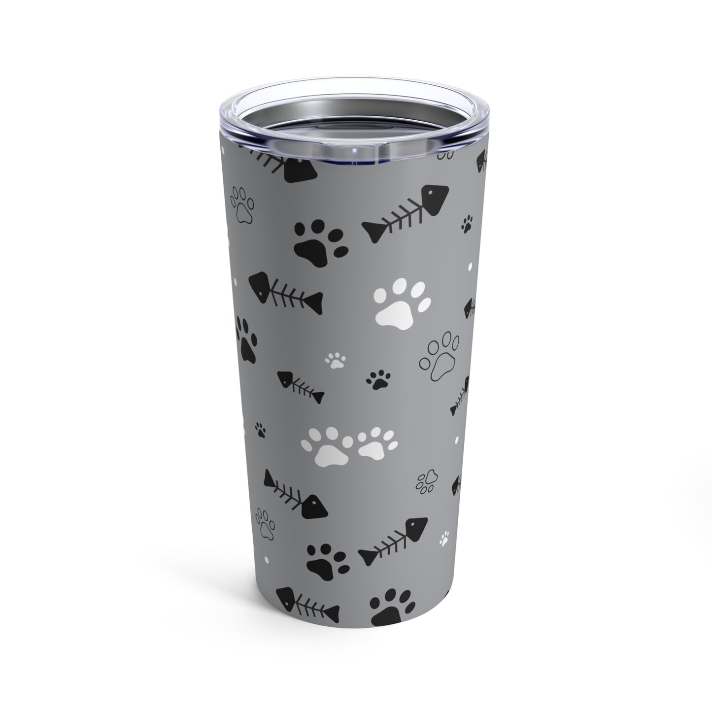 A grey, stainless steel Cat Lover Tumbler with black and white cat lover designs from Printify.