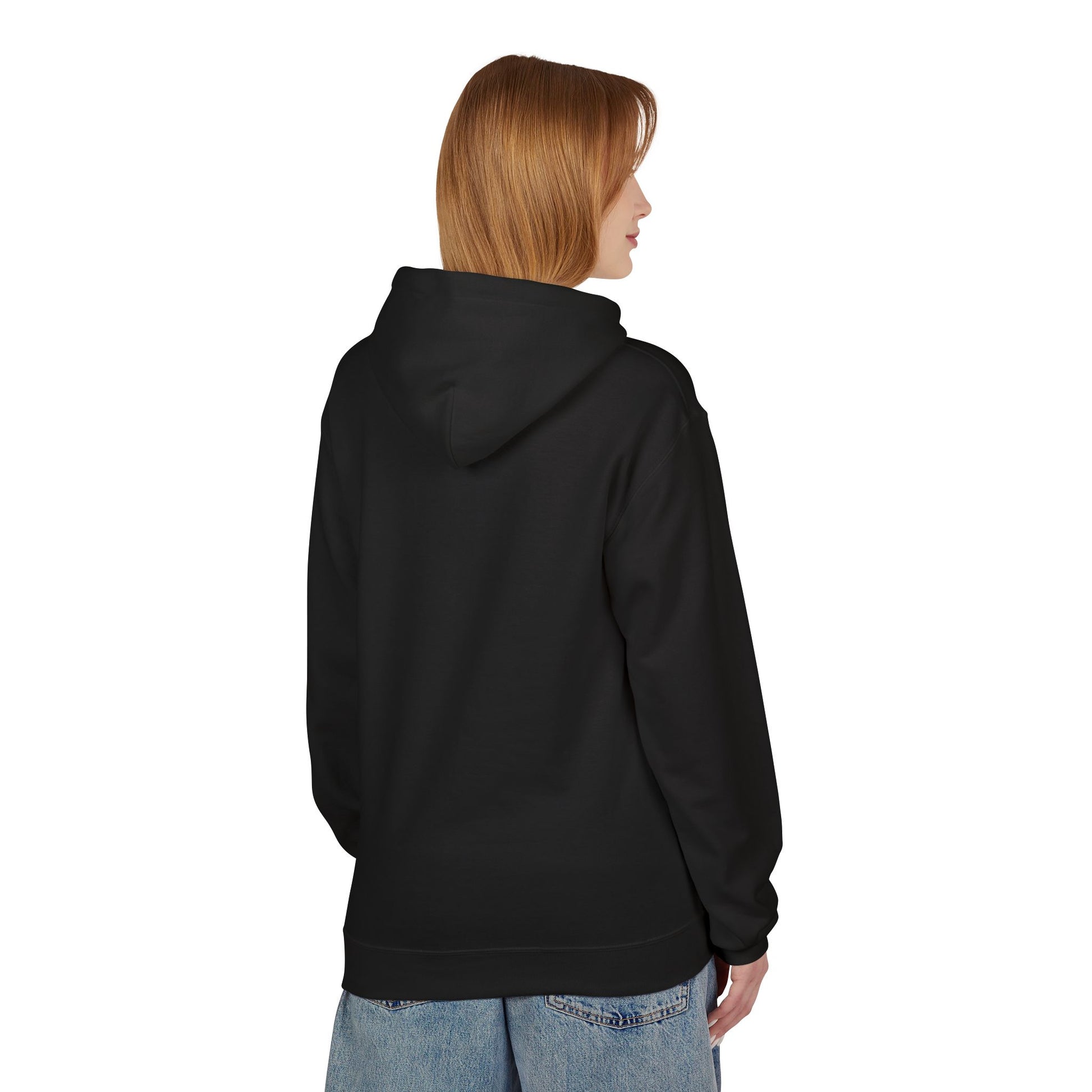 A person with straight, light brown hair is seen from the back wearing Printify’s "Kiss-Me I'm Irish Hoodie: St. Patricks Day Shamrock Pullover" in black with loose blue jeans, standing against a plain background.