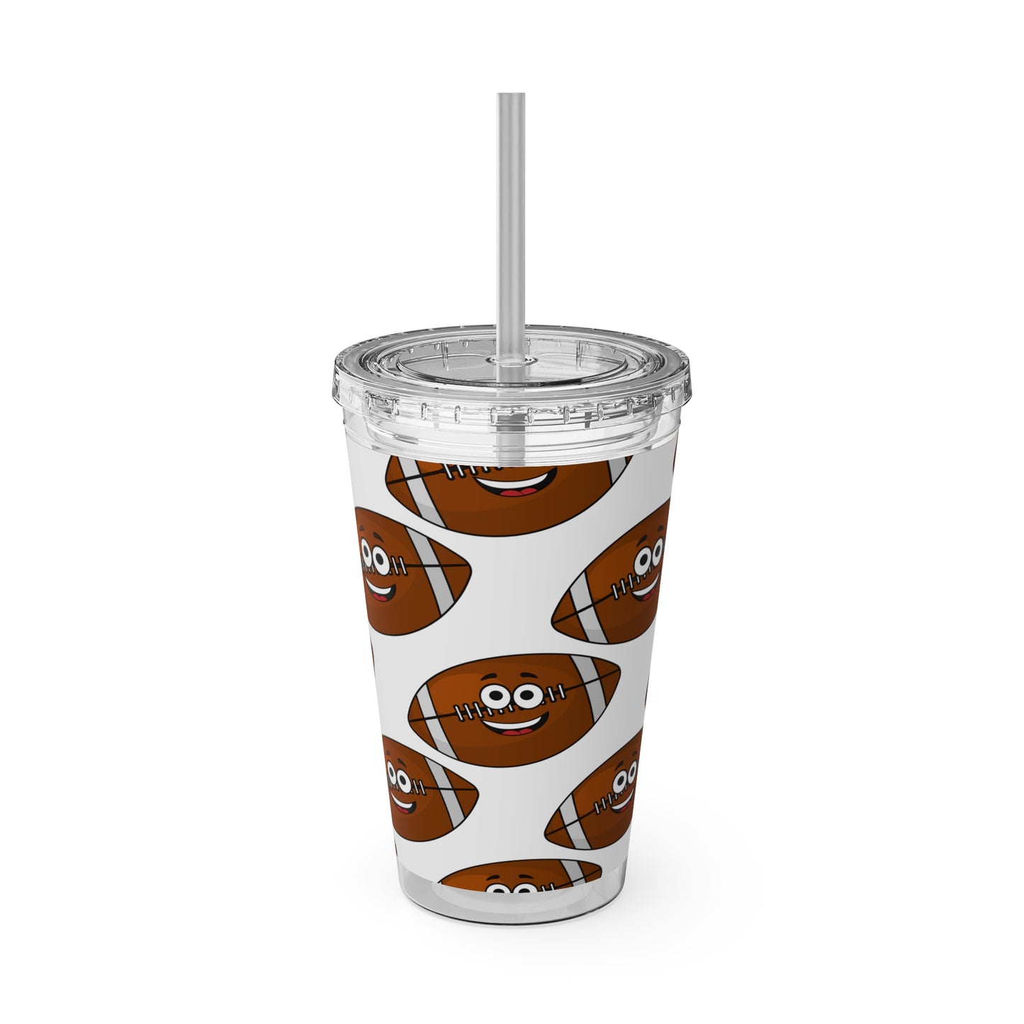 An Printify Football Fan Tumbler with a straw and a smiley face.