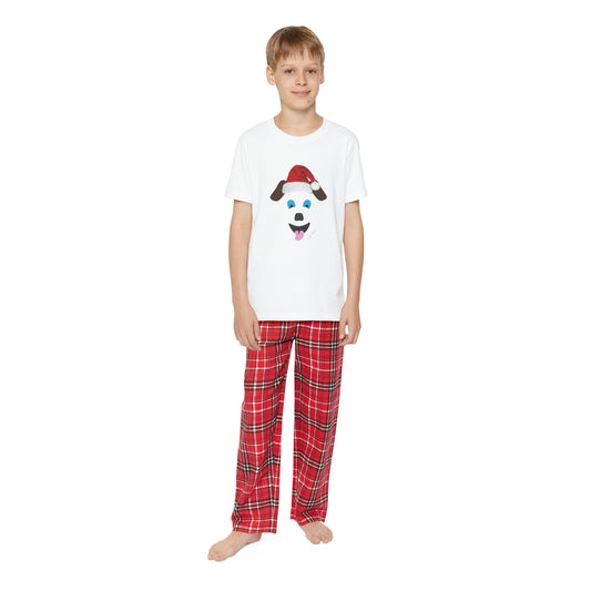 A young boy wearing Printify Unisex Youth Holiday Pajamas: 4 sizes; 2-pc. set; Cotton.