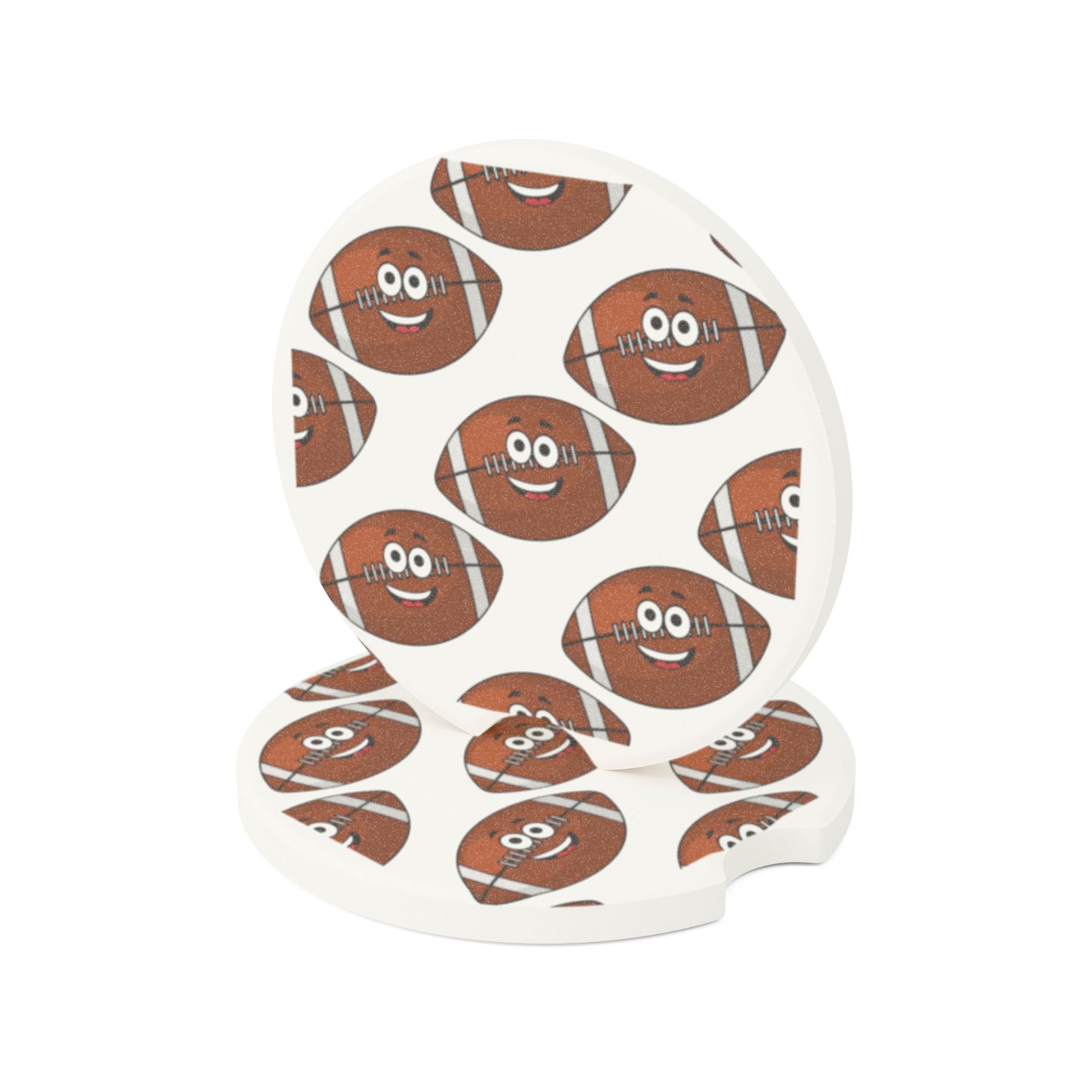 Ideal for sports fans, these absorbent coasters from Printify feature a delightful cartoon football pattern with smiling faces. Offered as one or two pieces, the Funny Football Car Coasters are perfect for tailgating parties or to add a whimsical touch to your vehicle.