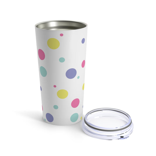 A colorful Printify Confetti Dots Tumbler with a lid.