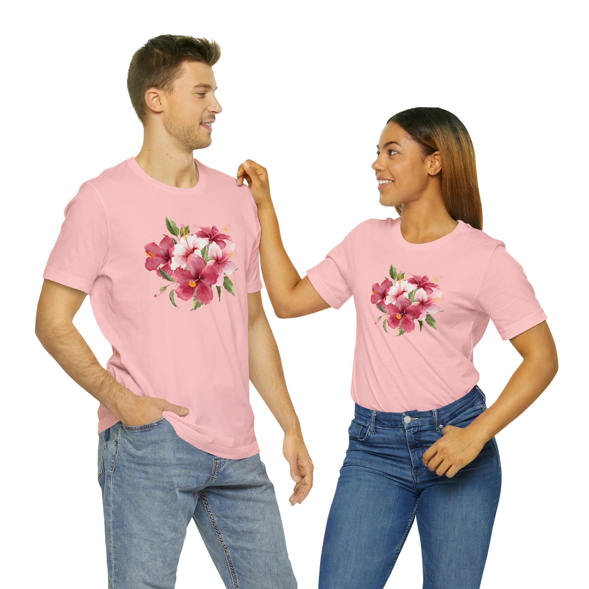 Mock up of a man and a woman; both wearing the Pink shirt